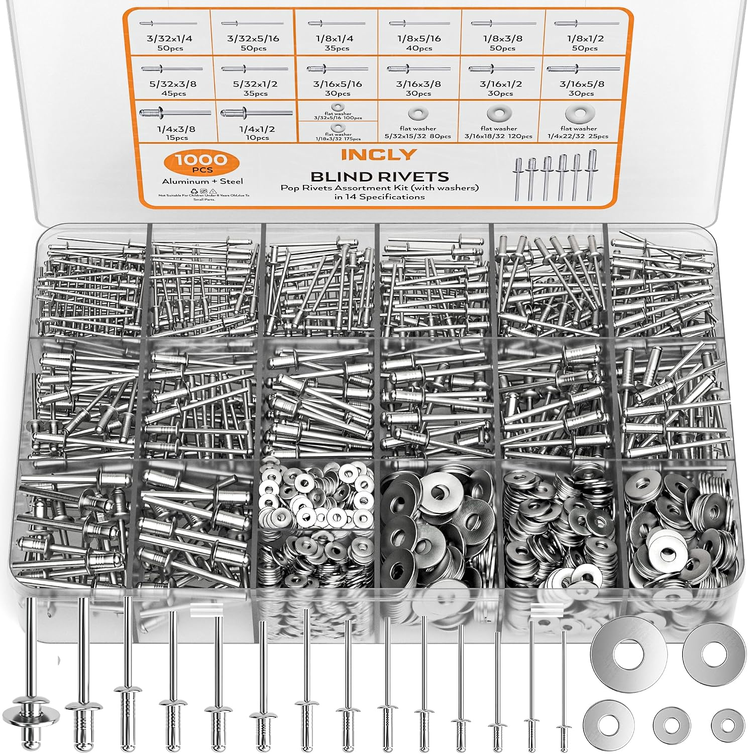 1000PCS Aluminum Pop Rivets Assortment Kit, 14 Sizes Pop Rivets (3/32