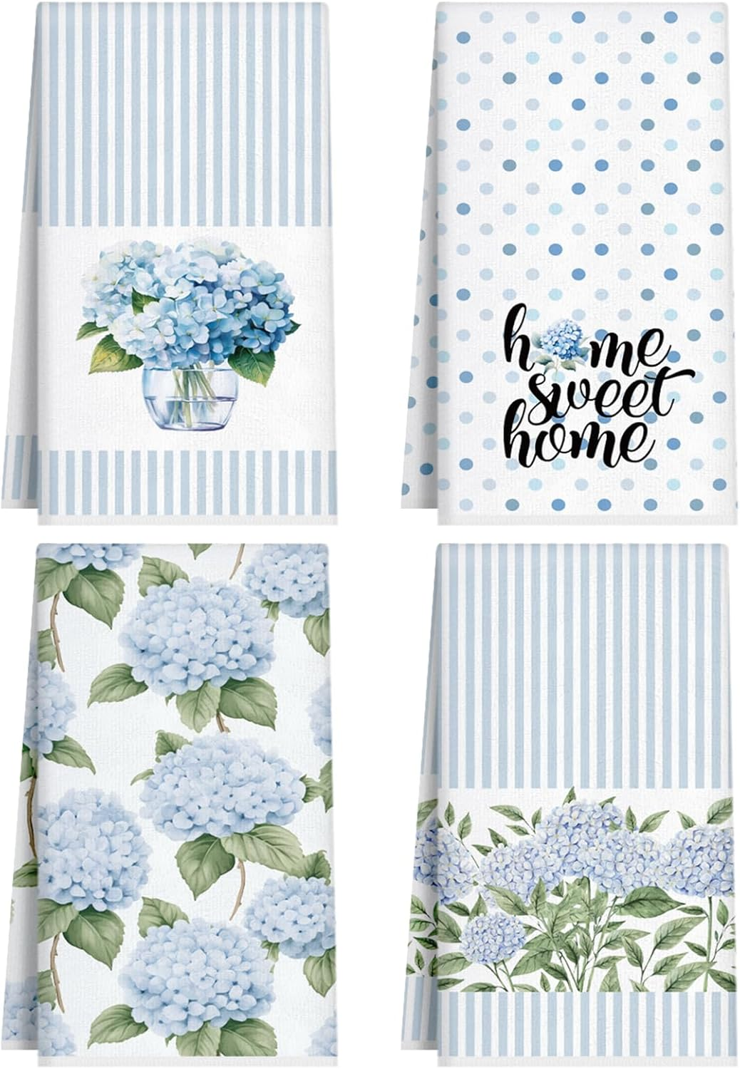 4 Pack Blue Hydrangea Kitchen Hand Towels Farmhouse Blue Hydrangea Decor, 18X26 Inch Summer Flowers Decorative Spring Floral Tea Dish Towels for Kitchen Bathroom