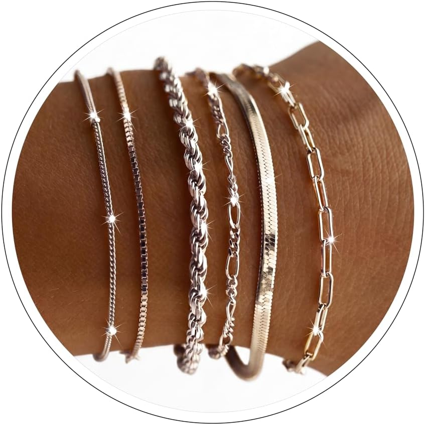 Dainty Silver Plated Bracelets for Women Trendy, Silver Jewelry Set for Women Bracelets for Women Paperclip Box Herringbone Figaro Rope Chain Bracelet Fashion Pack Gifts for Women