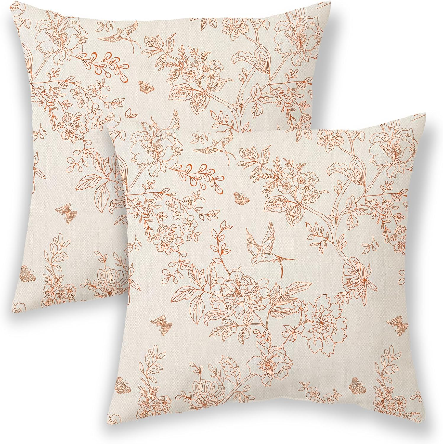 Fall Pillow Covers 18x18 Inch 2 Pcs, Burnt Orange Chinoiserie Flowers Bird Decorative Throw Pillows,Vintage Floral Spring Seasonal Outdoor Decor Pillowcase Linen Cushion Cover for Couch Sofa