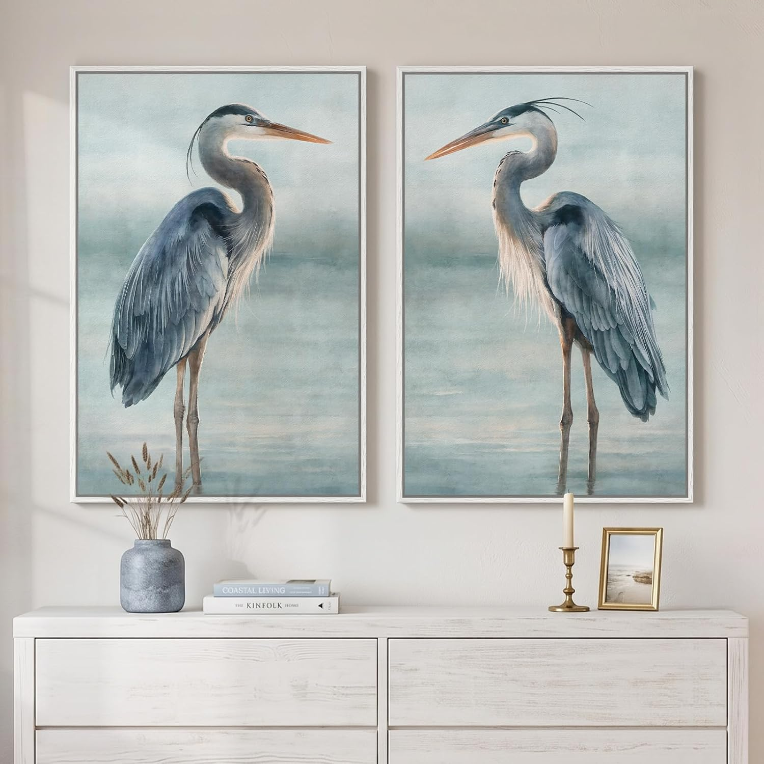 Framed Vintage Coastal Blue Heron Bird Wall Art for Living Room, 24X36 Inch
