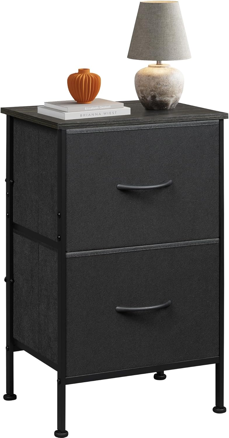 Black Night Stand, Nightstand with 2 Drawers, Small Dresser for Bedroom,