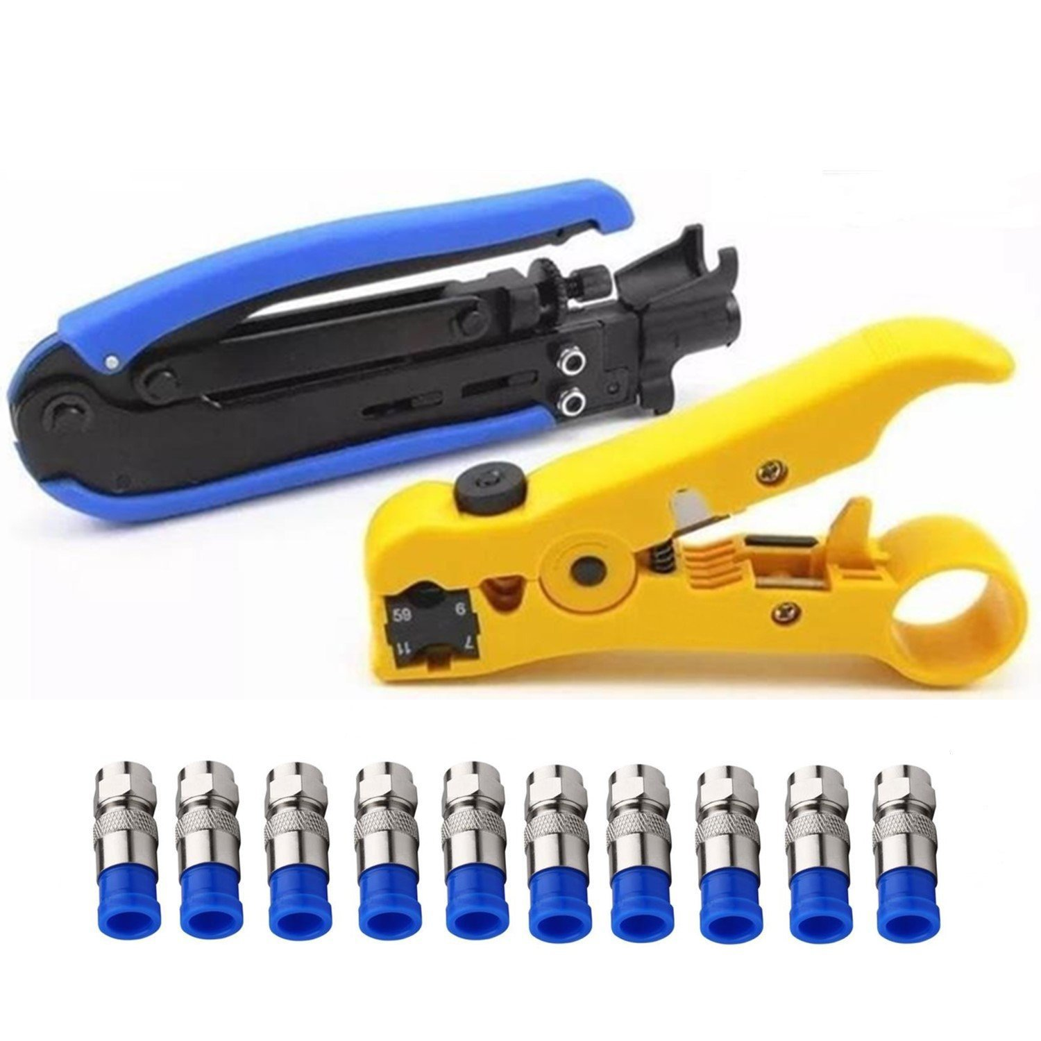 Coaxial Compression Tool Coax Cable Crimper Kit Adjustable Rg6 Rg59 Rg11 75-5 75-7 Coaxial Cable Stripper with 10Pcs RG6 F Compression Connectors - Blue