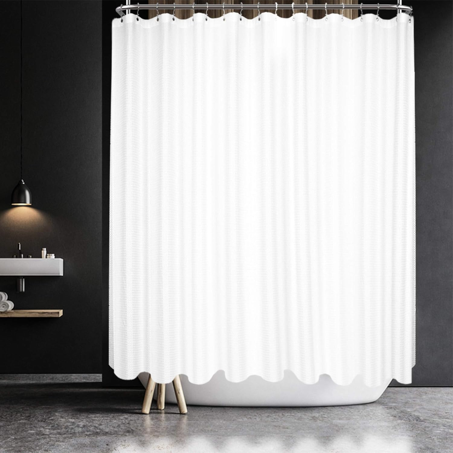 Waffle Weave Clawfoot Tub Shower Curtain 180 X 70 Inch Wrap around - Heavy-Weighted Fabric to Stop Blowing, Washable, Water Repellent, with 36 Hooks Set, White, 180X70