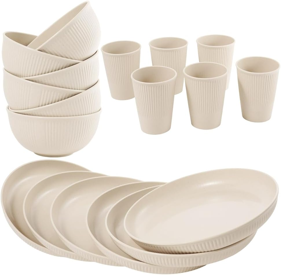 36-Piece Reusable Wheat Straw Dinnerware Sets for 6, Unbreakable Reusable Set Kitchen Cups, Plates, Bowls Sets & Cultery Dishwasher Microwave Safe - Patio, Outdoors, RV, Camping Dishes