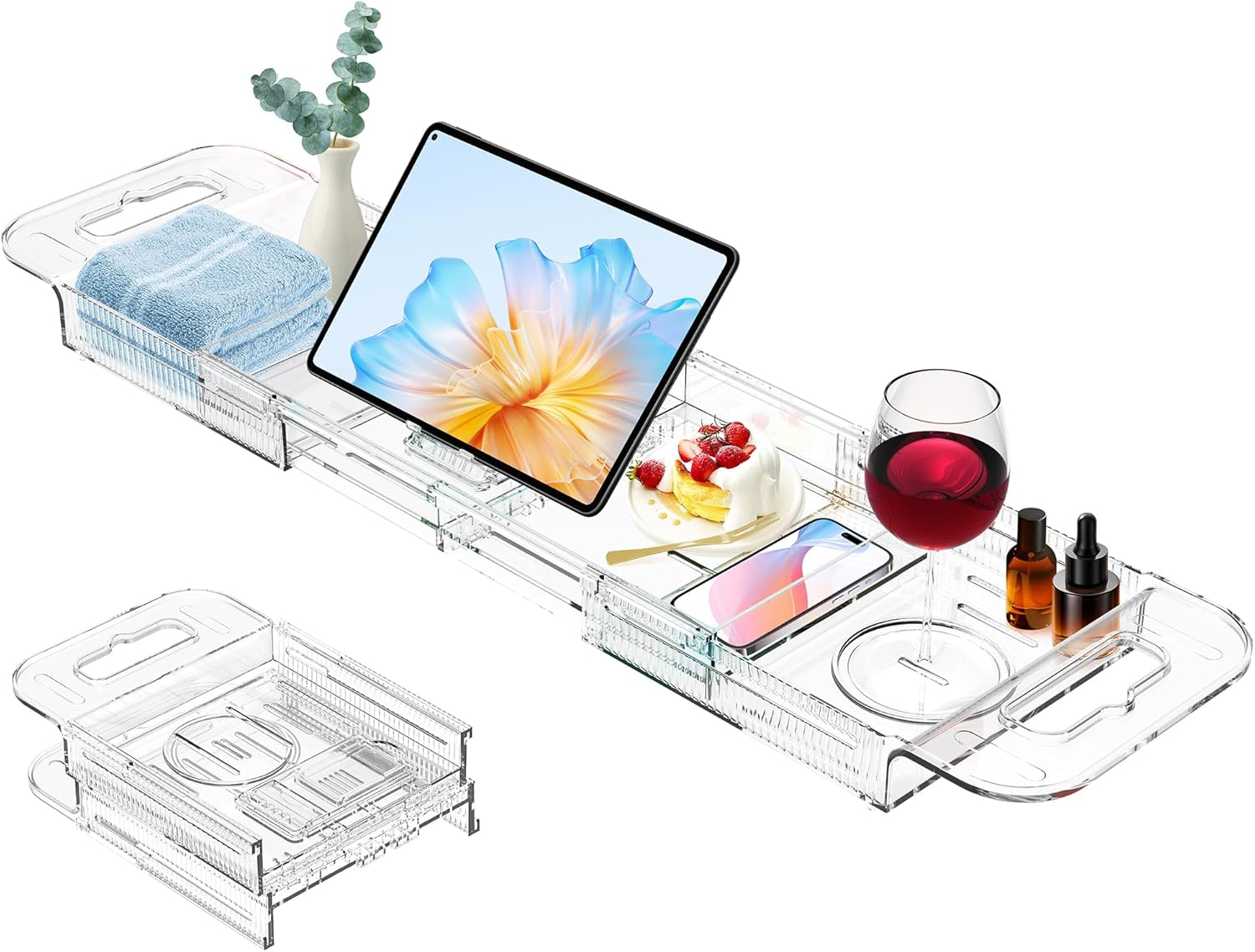 Expandable Drain Bath Caddy Tray for Tub,  Multifunctional Acrylic Bathtub Tray Bathroom Organizer, Simple Bathtub Table Trays Storage Rack for Candle Towel Book Wine Phone Shower(Clear)