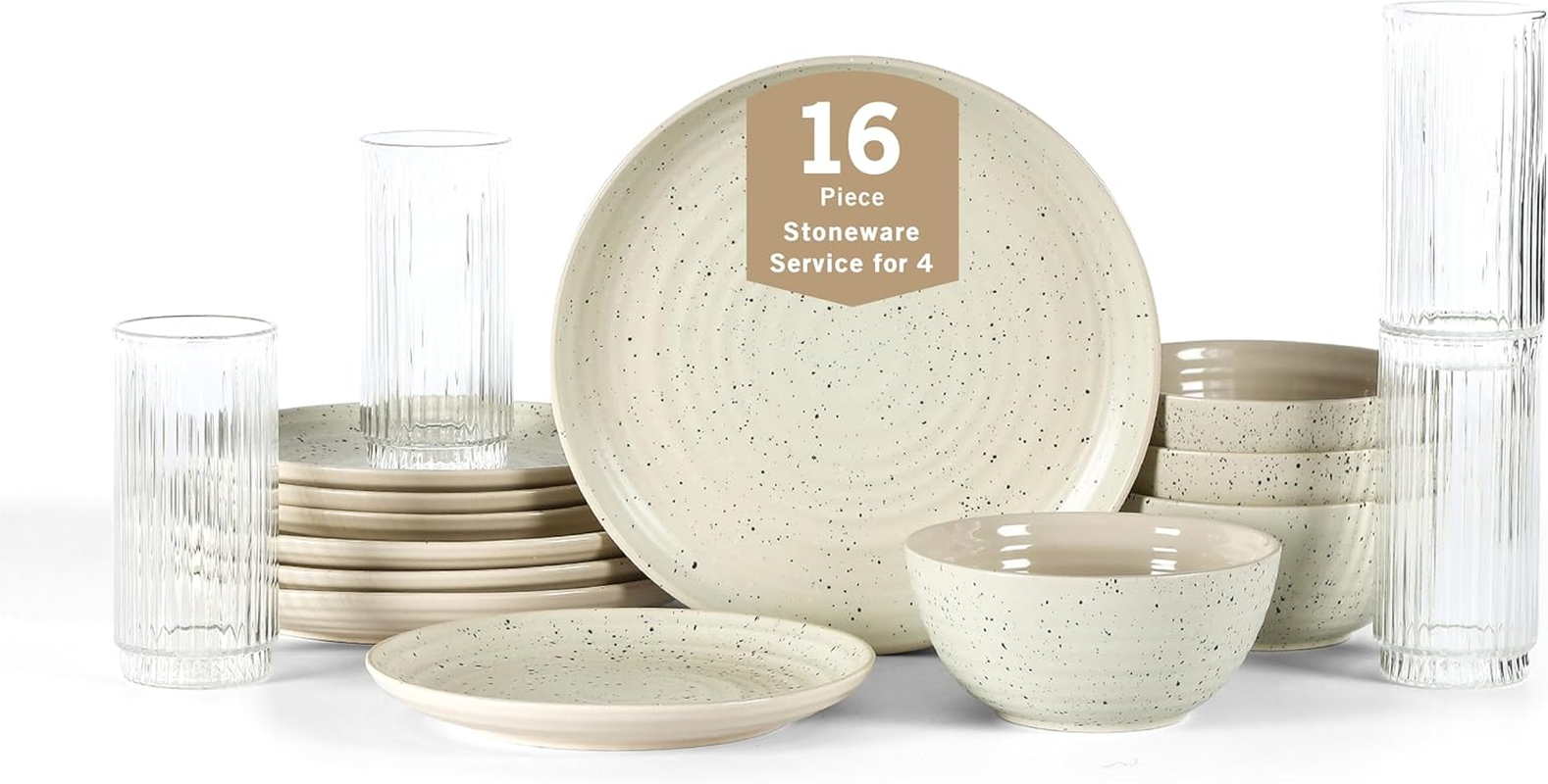Elegant 16-Piece Stoneware Dinnerware Set with Borosilicate Glass Accents