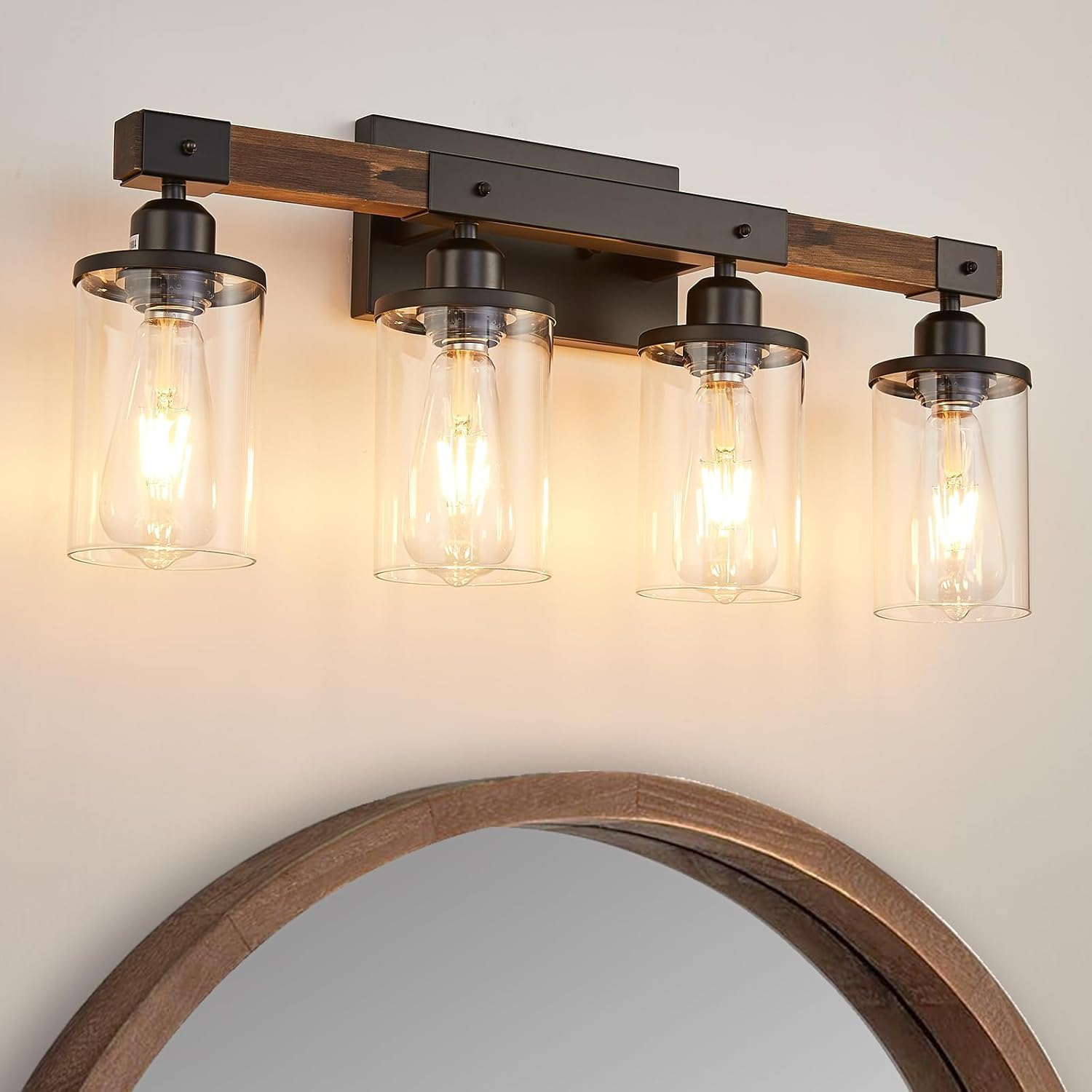 4-Light Bathroom Vanity Light, Farmhouse Bathroom Fixtures over Mirror, Rustic Industrial Wood Black Wall Lamp Sconce Light with Clear Glass Shade