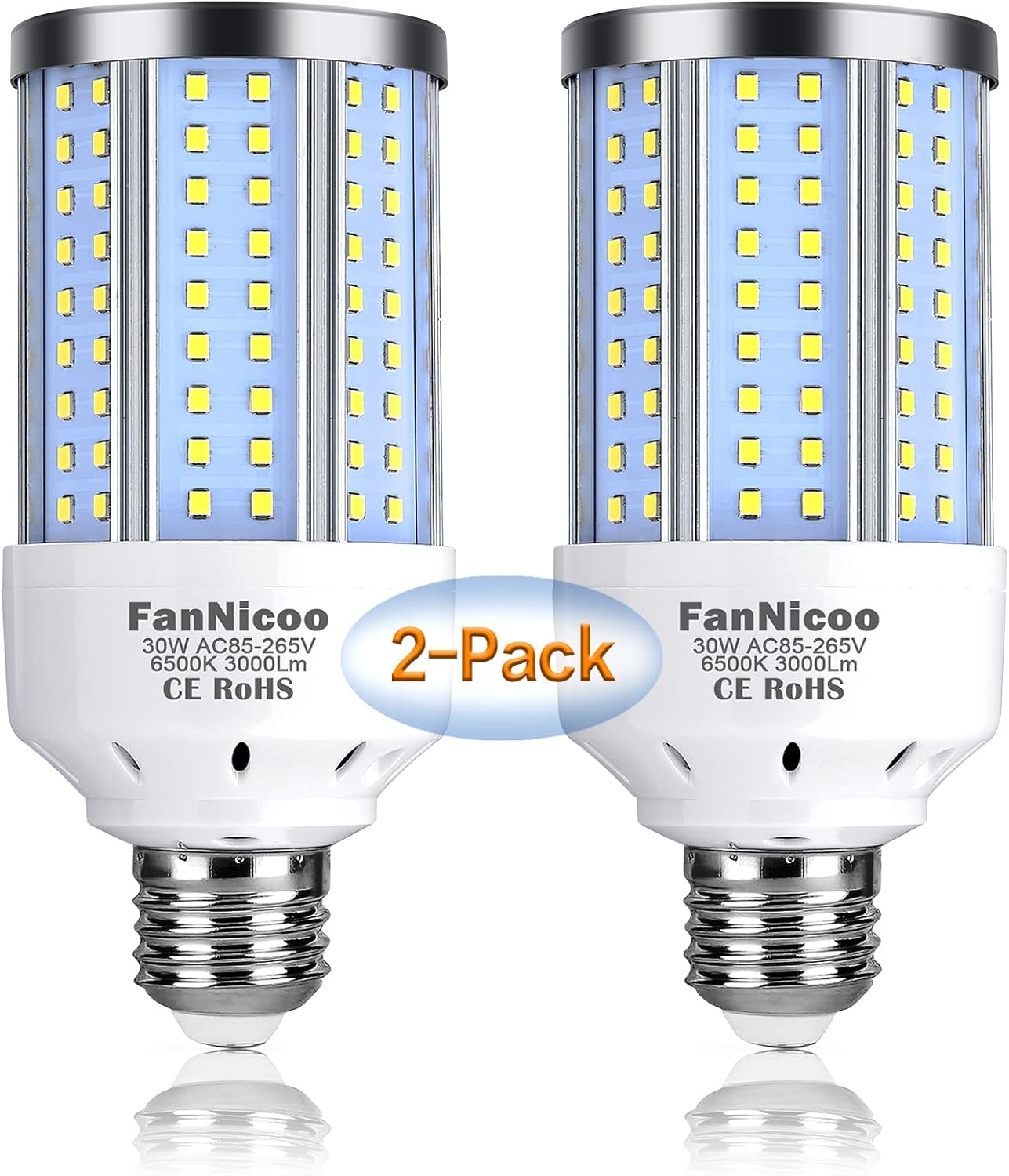 2-Pack 200W Equivalent LED Corn Light Bulb 3000 Lumen 6500K Cool White Daylight 30W LED Corn Lamp E26/E27 Medium Base for Indoor Outdoor Warehouse Garage Basement Backyard Factory Barn and Many Areas