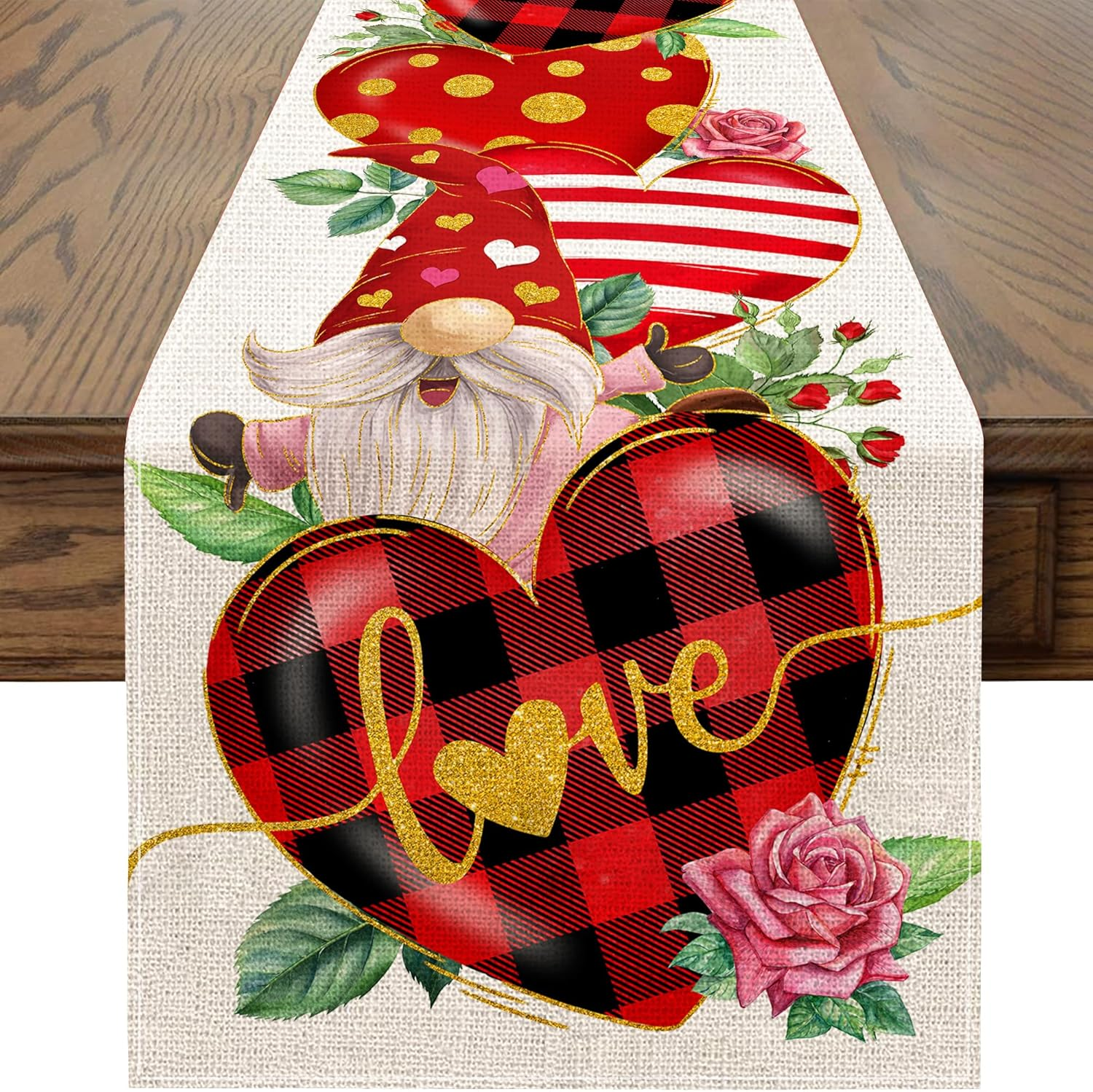Valentines Day Table Runner 36 Inches Red Heart Valentines Holiday Theme Gnome Runner for Kitchen Dining Table Home Party Decorations