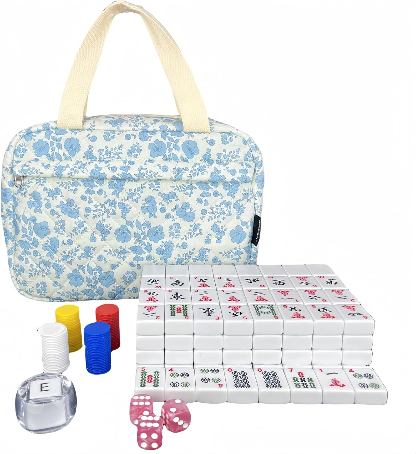 Mahjong Tile Set, American Mahjong Set with Floral Quilted Carrying Bag, 166 White Tiles, Includes Chips & Dice – Portable Travel Complete Mahjong Set for Adults & Beginners (Floral White-M)