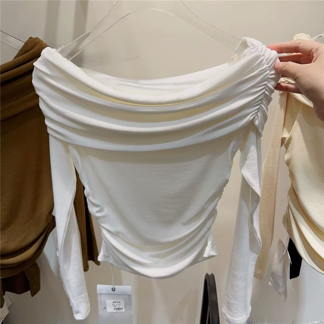 Dating Pleated Cross Shoulder Coat Women Waist Slimming Bottom T-Shirt Solid Color Everything Top