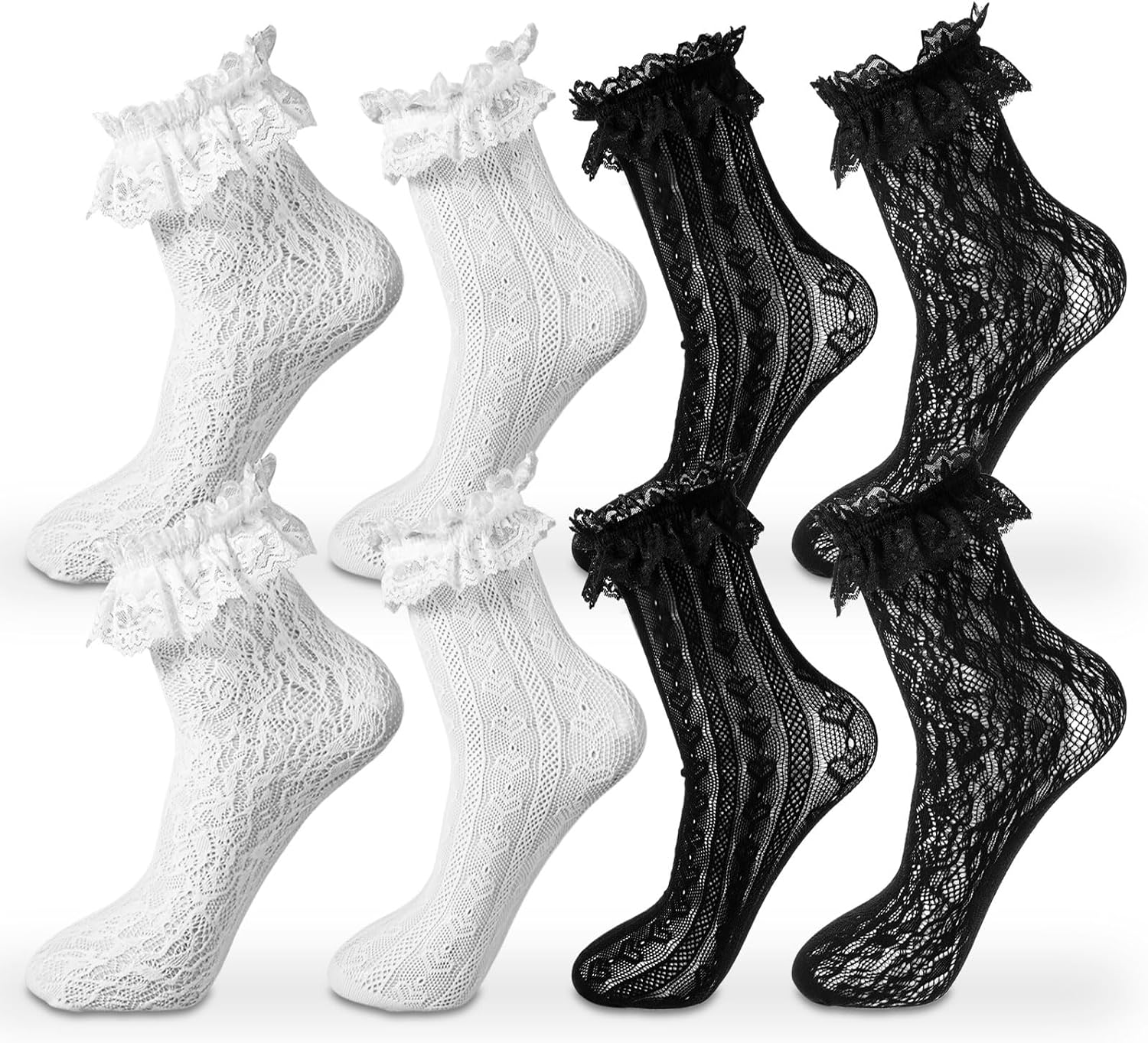 Tucnoeu 4 Pairs Lace Ruffle Socks Lace Socks for Women Ankle Ruffle,White Black Mesh Coquette Socks Lace Ruffle Socks Lolita Socks Cute Trendy Socks Dress Socks for Girls