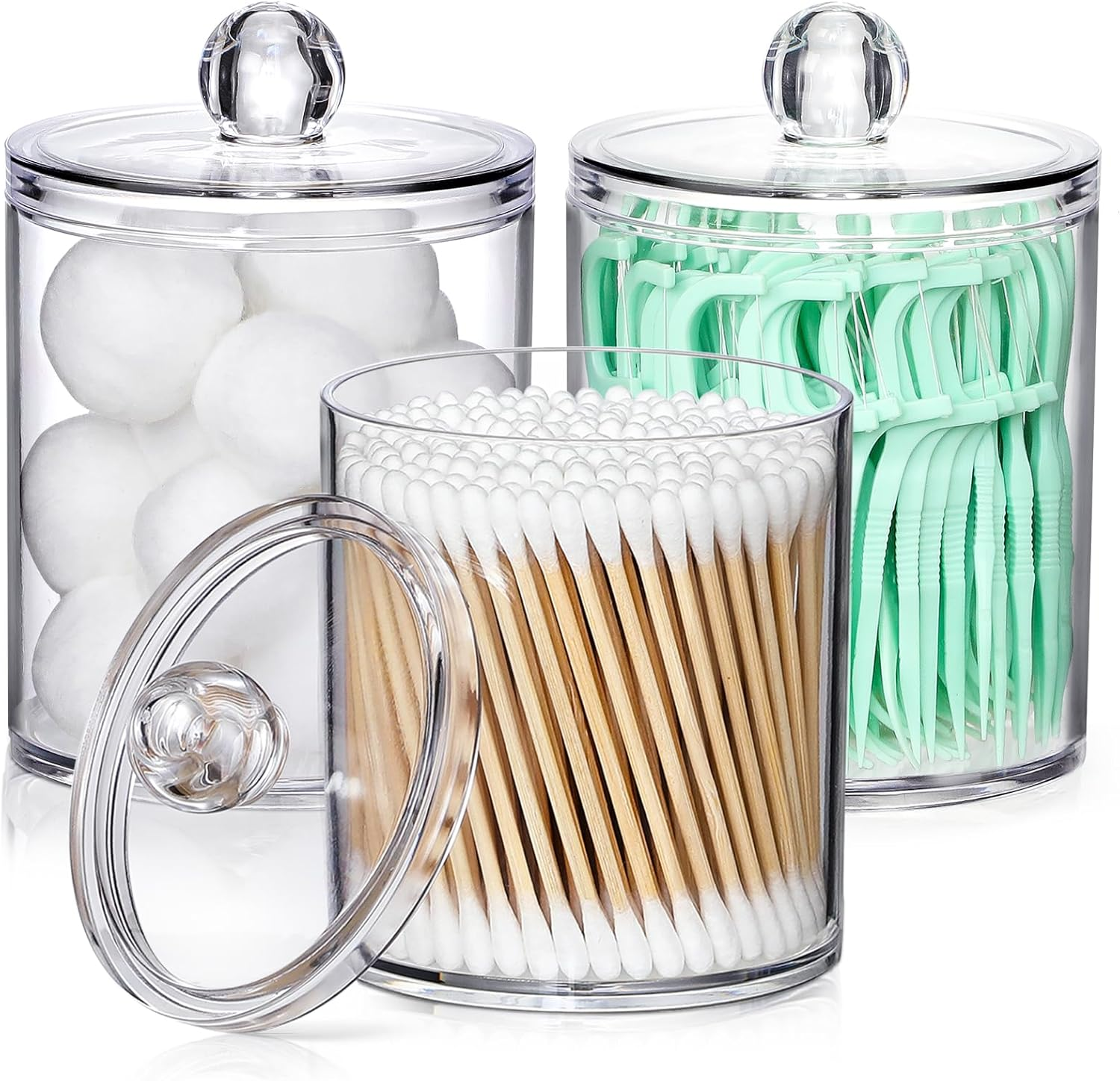 3 Pack Acrylic Qtip Holder Dispenser for Cotton Swab, Ball, round Pads, Floss Picks - 10 Oz Clear Plastic Apothecary Jar Set for Bathroom Canister Storage Organization, Vanity Makeup Organizer