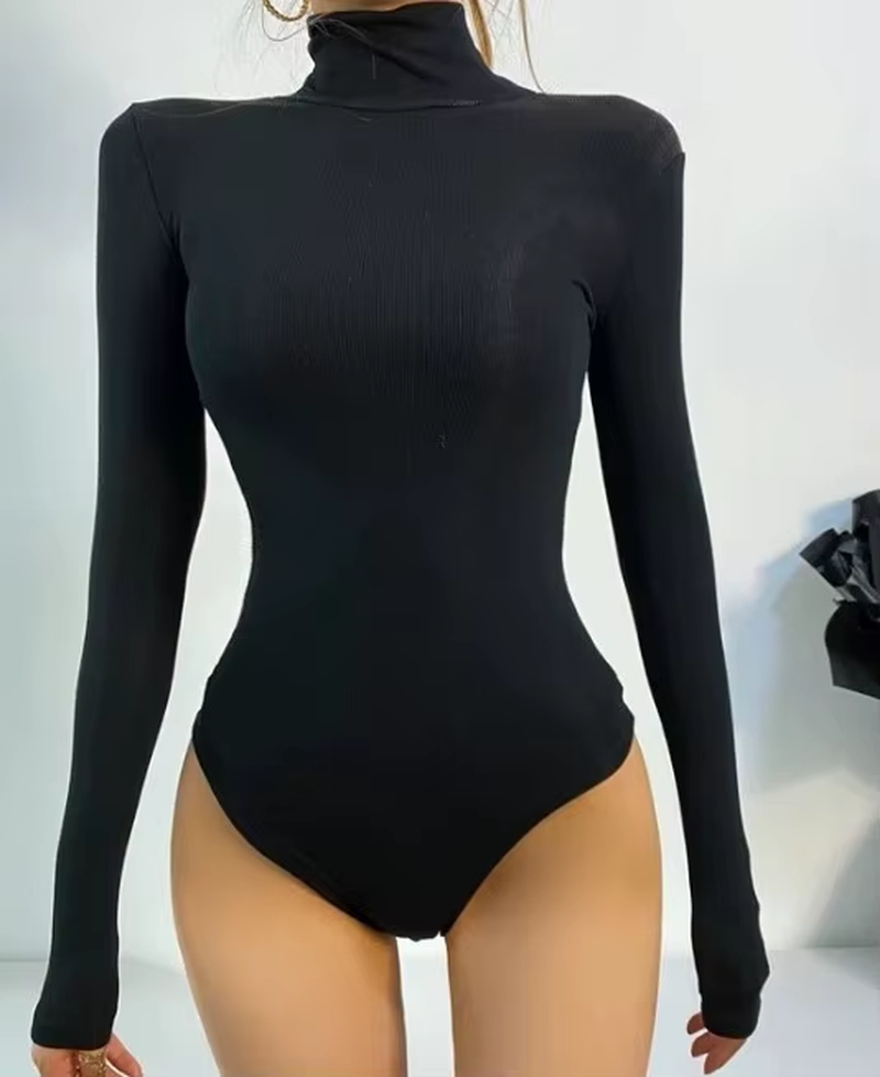 Polyester Spandex One-Piece T-Shirt High Collar Long Sleeves Slim Sexy Elastic Leggings Formal Winter Skinny Hidden Summer