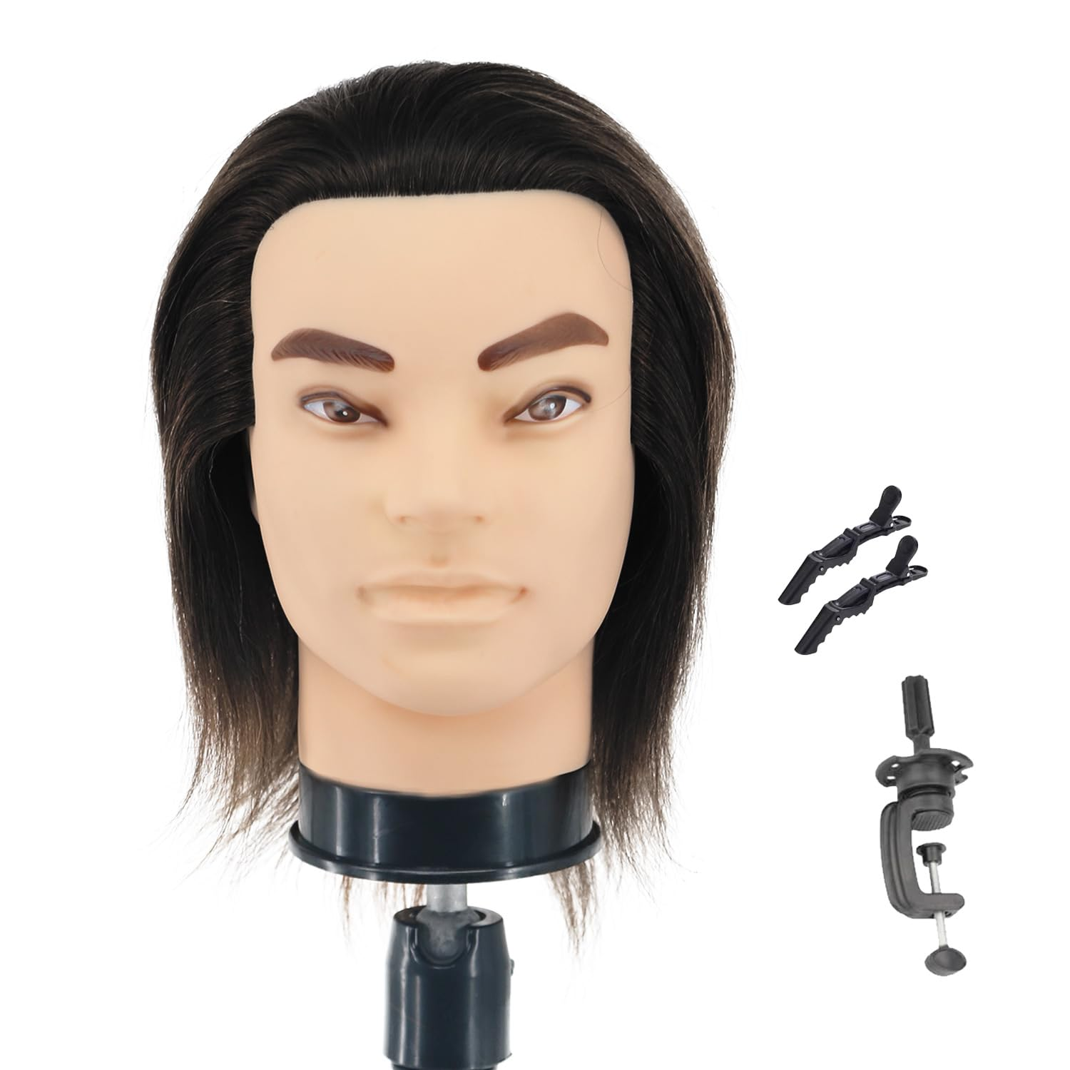 Barber Mannequin Head - 12'' Practice Head with Human Hair, Clamp Stand for Hairdresser Cutting & Styling
