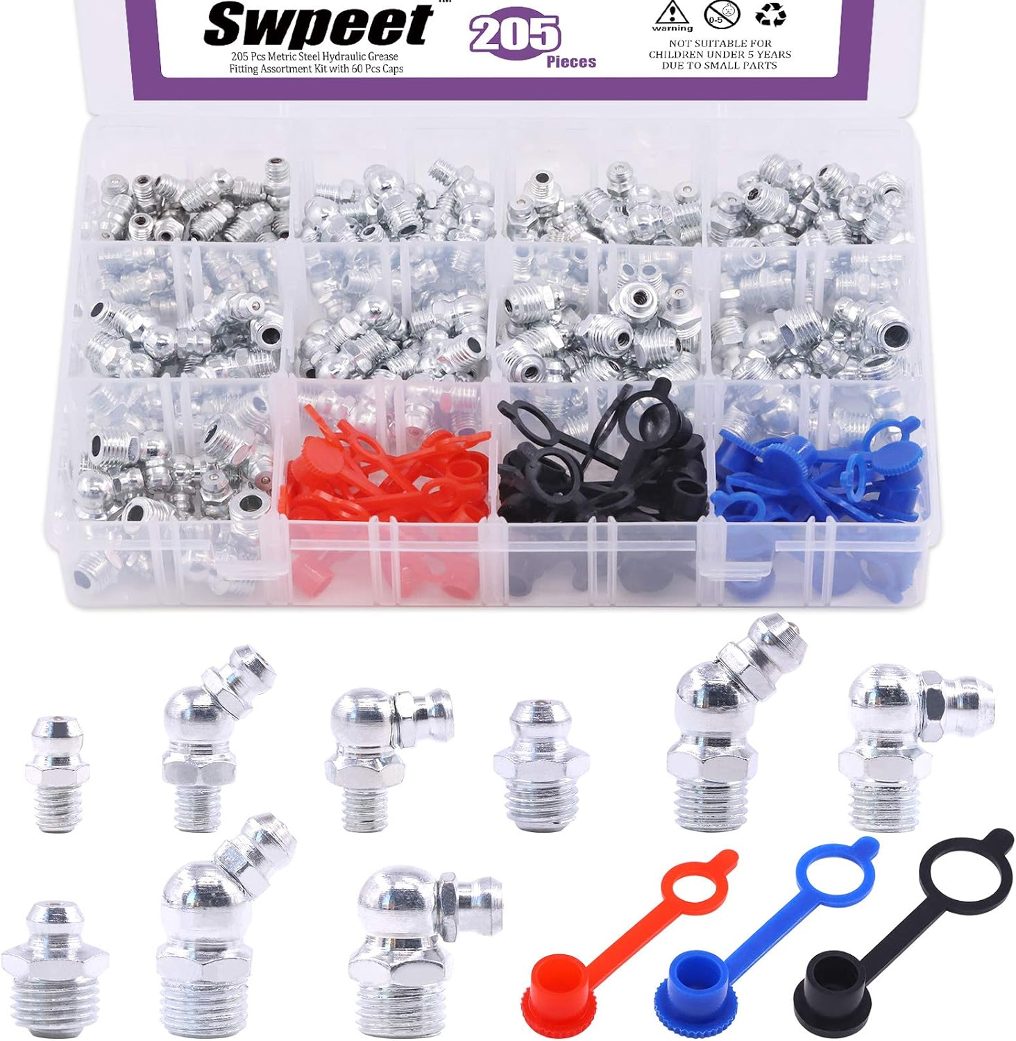 206Pcs Hydraulic Fitting Kit - M6 M8 M10 Straight 45 Degree 90 Degree Angled Grease Zerks for Broken Zerk Fitting