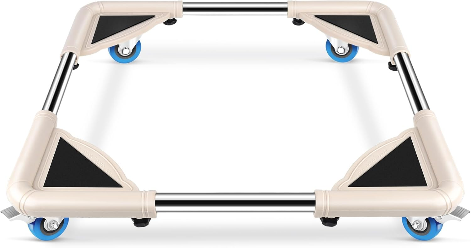 Mini Fridge Stand Furniture Dolly Mobile Roller with 4 Locking Wheels-Base Adjustable Refrigerator Washing Machine Stand Moving Cart- Appliance Dolly Cart Roller Pedestal - off White