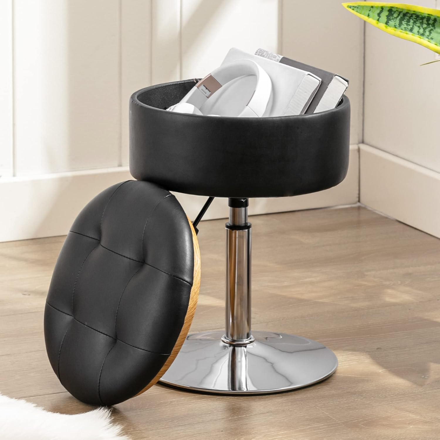 LUE BONA 360°Swivel Vanity Stool Chair for Makeup Room, Height Adjustable Stool for Vanity with Storage, Small Black Faux Leather for Bathroom, Living Room