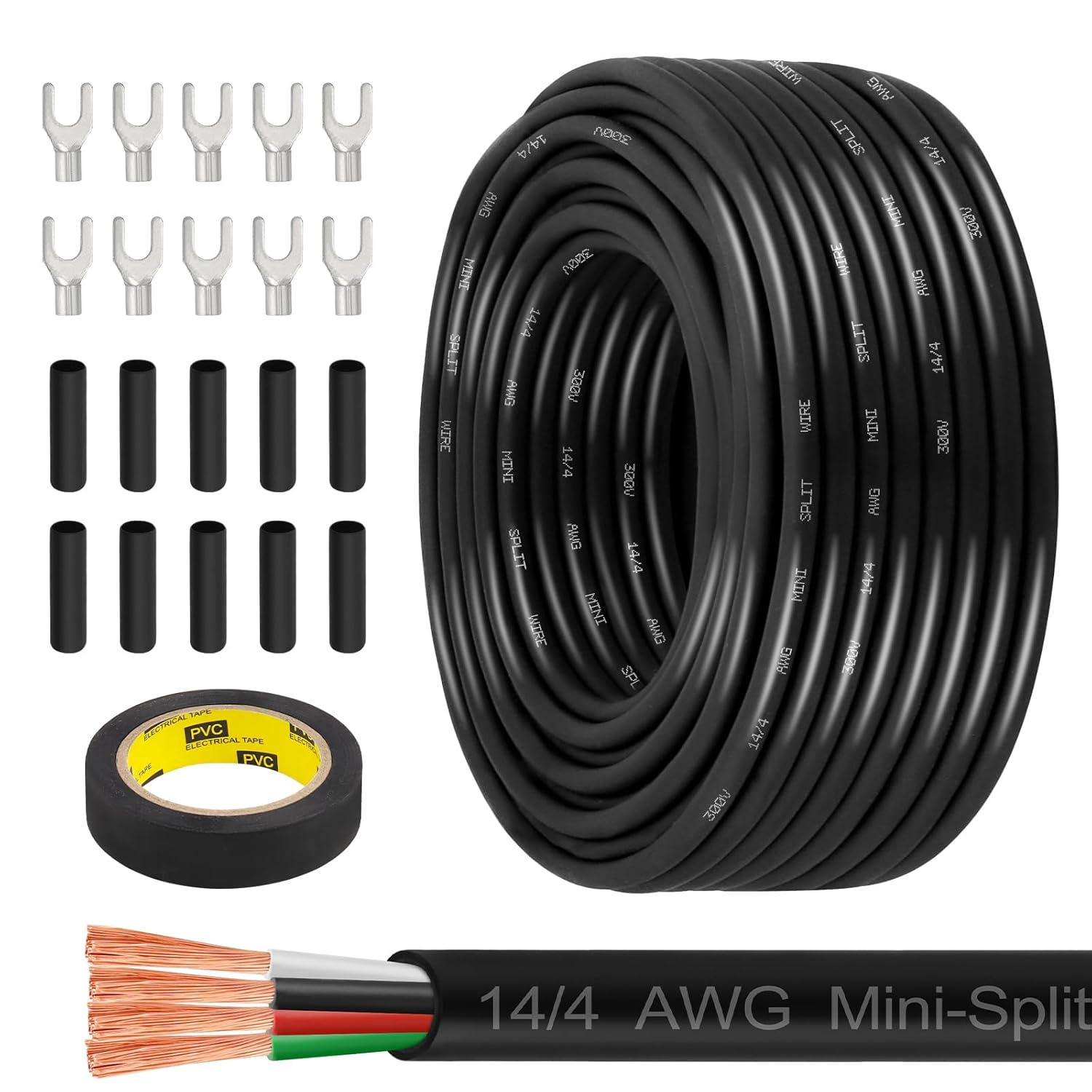 14/4 AWG Mini-Split Cable - 100FT 14 AWG 4 Conductor Control Cable 300V Stranded Oxygen-Free Pure Copper Wire for Mini Split Air Conditioner,Heat Pump,Hvac Systems and Speaker Systems