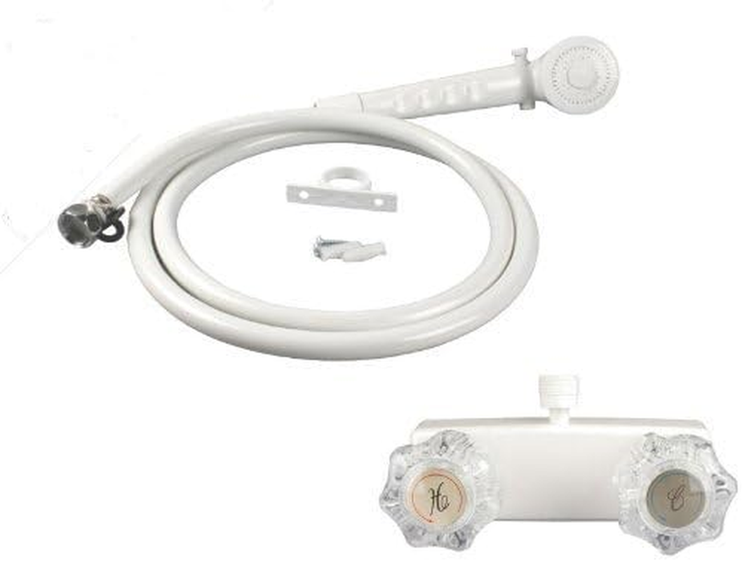White RV /Mobile Home Shower Faucet with Clear Handles & Includes Hand-Held Shower by Wholesaleplumbing
