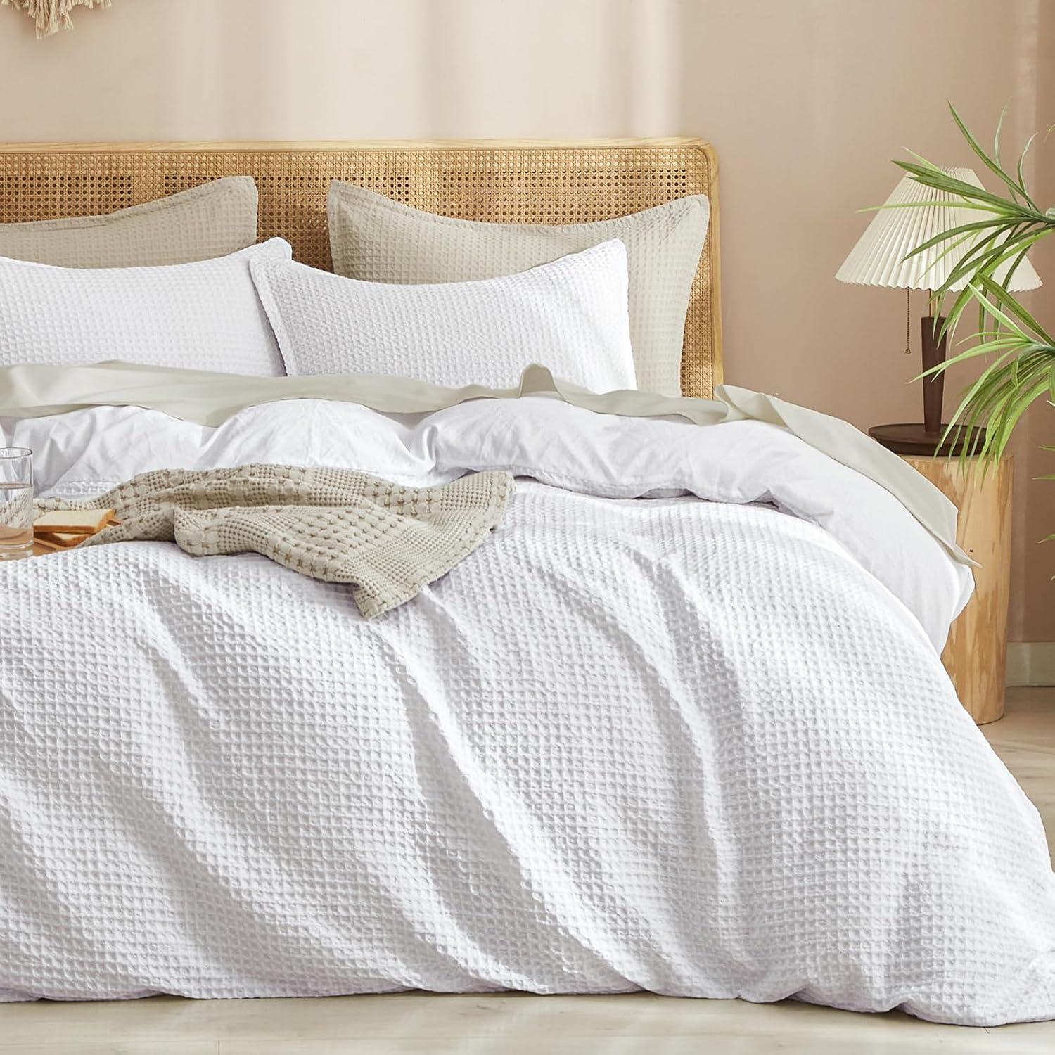 Waffle Weave Duvet Cover Set Queen Size, No Snagging Ultra Soft Luxury Textured Breathable Comforter Cover for All Season 3Pcs, Durable Bedding Duvet Set with 2 Pillow Shams, 90