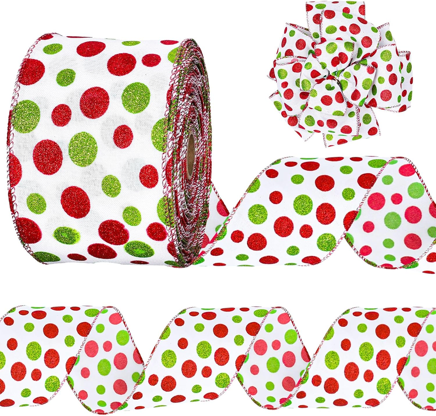 Christmas Wired Edge Ribbon 4 Inch 25 Yards Red Green Glitter Polka Dots Print Xmas Tree Ribbon for Bow Wreath Craft Gift Wrap Holiday Home Decor