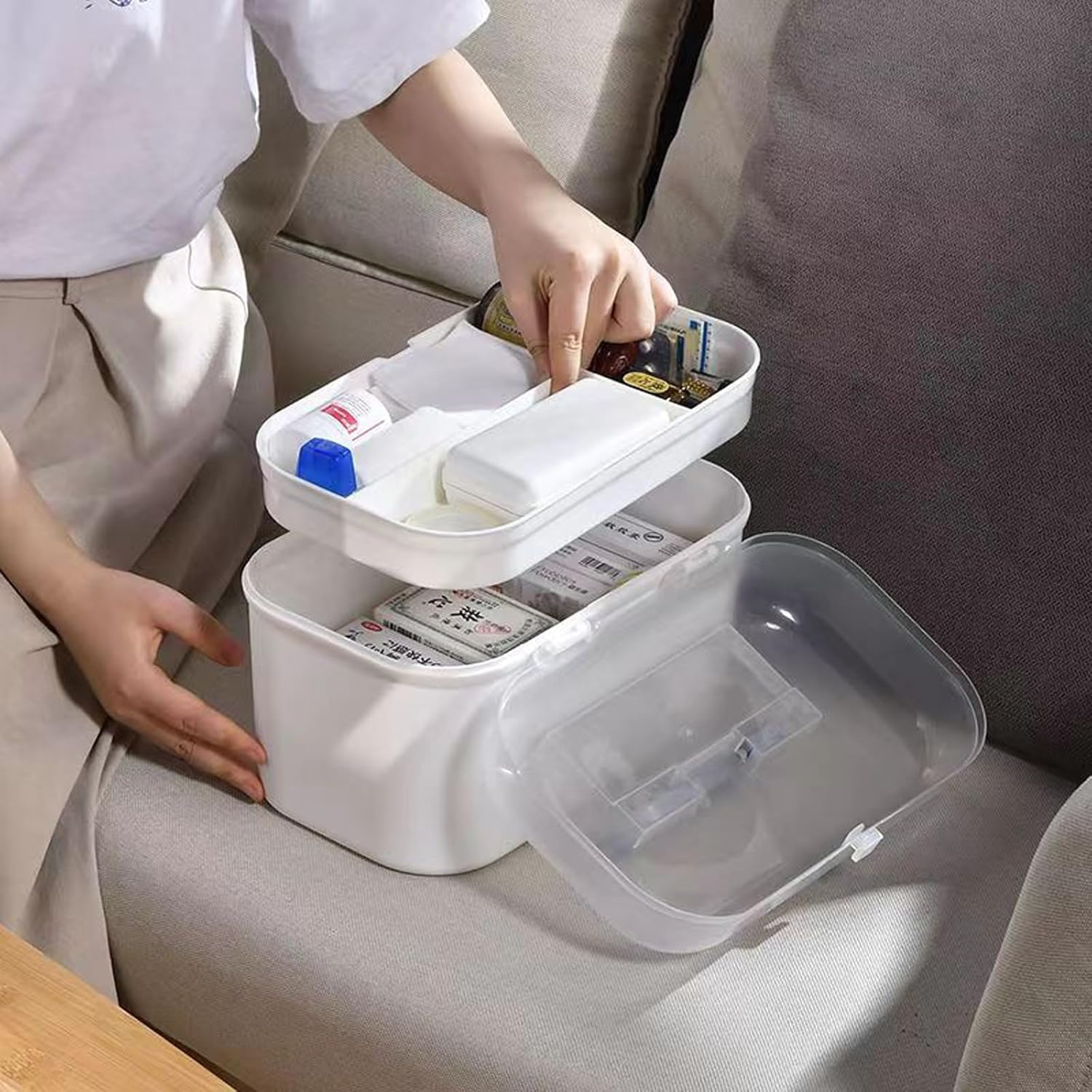 2 Layers Plastic First Aid Box with Portable Handle,Emergency Medicine Kit Ca... - Picture 8 of 14