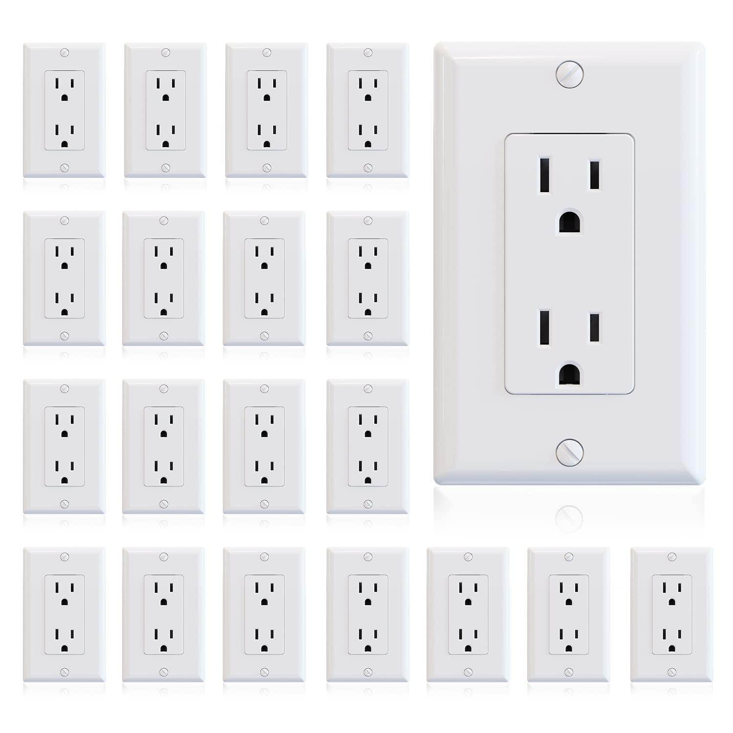 Tomacorrientes blancos brillantes 15A 125V con placa (20 uds)