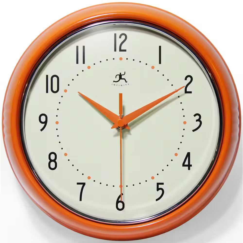 9-1/2 In. Orange Retro round Metal Wall Clock
