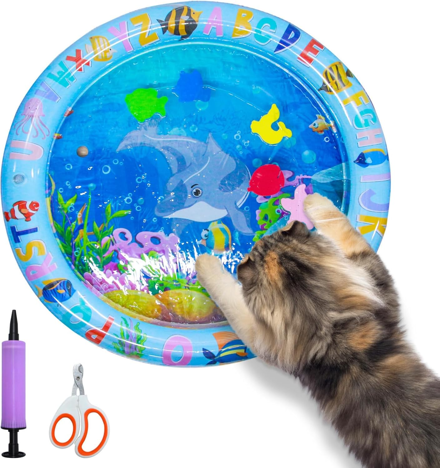 Cat Water Mat, Cooling Pet Water Bed Scratch-Resistant Interactive Sensory Play Mat with Floating Fish Toys, Water-Filled Cooling Pad for All Types of Pets with Air Pump and Nail Clipper