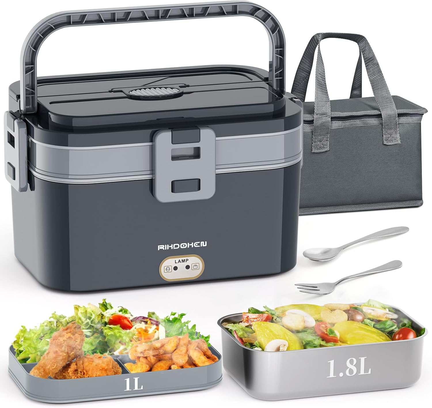 80W Faster Larger Electric Lunch Box Heater 2.8L Double Layers for Car Truck Work Home, 12V 24V 110V Portable Stainless Steel Warmer, Leak-Proof Lunch Heater with Bag, Spoon, Fork