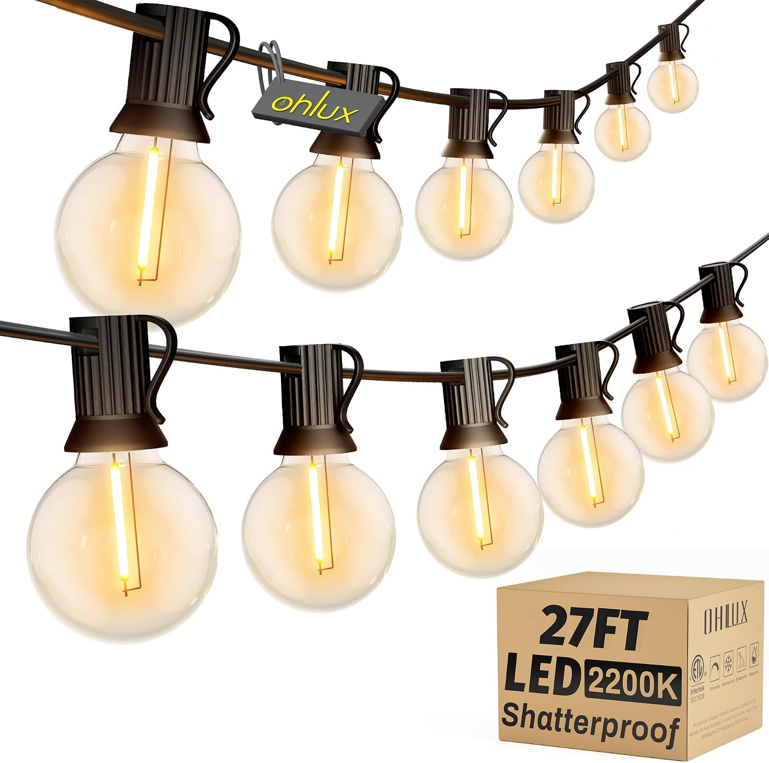 Outdoor String Lights, 27FT G40 Globe LED Patio Lights with 13 Dimmable Plastic Bulbs 1 Spare, 2200K Waterproof Connectable Hanging Lights for Backyard Porch Cafe Party Decor, E12 Socket Base