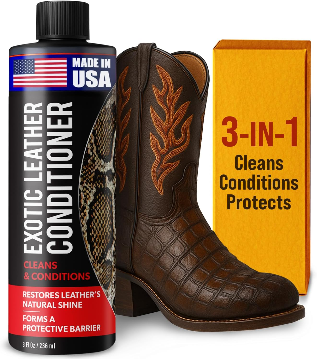 Exotic Leather Conditioner for Boots - Made in USA Leather Cleaner Specially Formulated to Clean & Condition Your Reptile & Exotic Skins - Snakeskin Conditioner - Crocodile Leather Conditioner - 8Oz