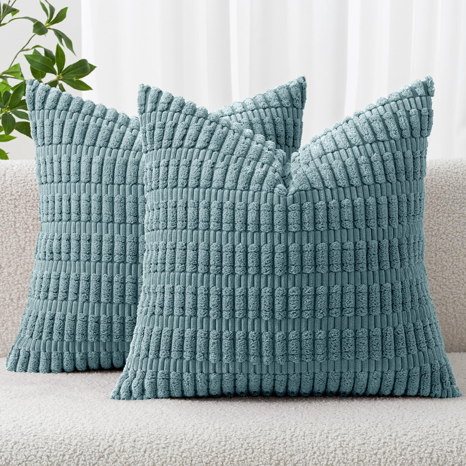Pack of 2 Corduroy Decorative Throw Pillow Covers 18x18 Inch Soft Boho Striped Pillow Covers Modern Farmhouse Home Decor for Summer Coastal Sofa Living Room Couch Bed Coastal Blue