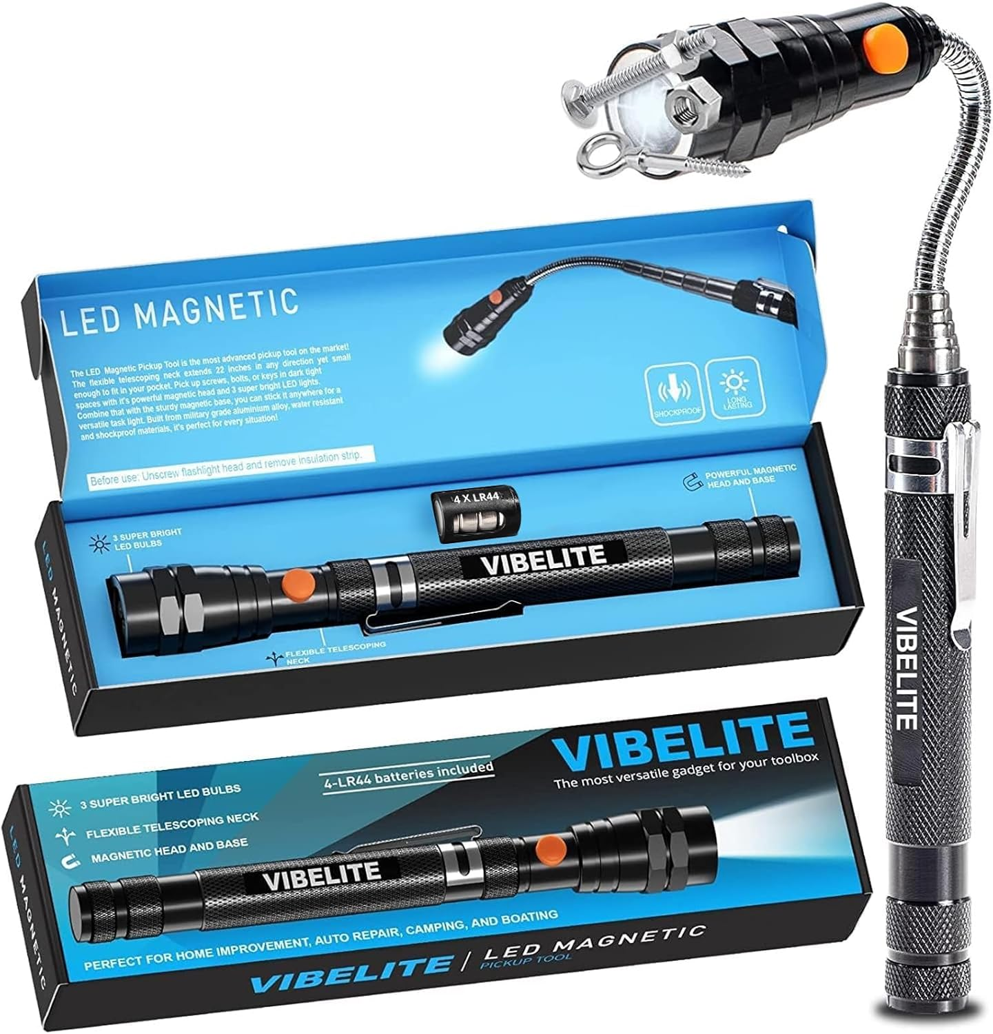 VIBELITE Extendable Magnetic Flashlight with Telescoping Magnet Pickup Tool-Cool Gadget Valentines Day Gifts for Him, Husband, Men, Dad, Father, Mechanic,Tech, Handyman, Boyfriend, Women, Black