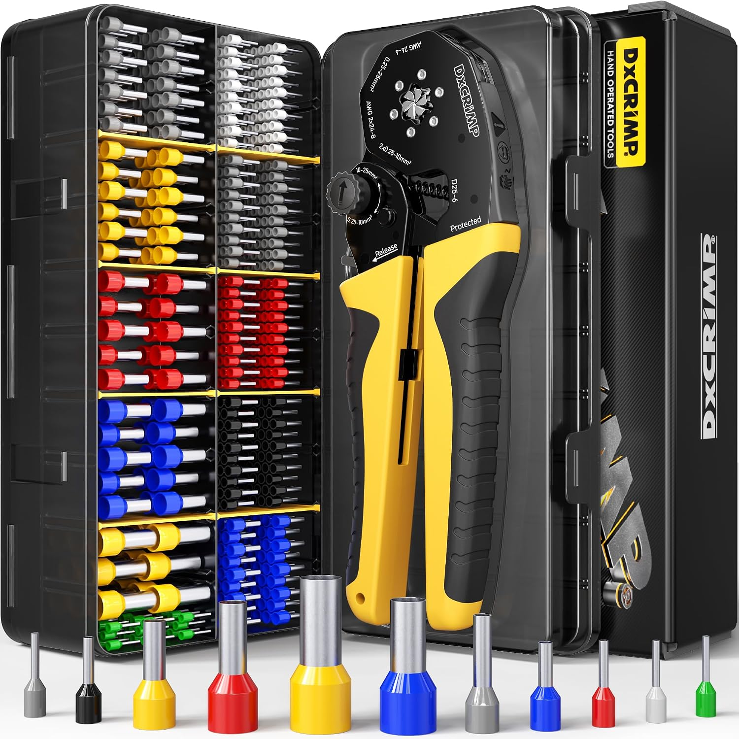 Hex Ferrule Crimping Tool Kit, AWG 24-4 (0.25-25Mm²) Self-Adjusting Ratcheting Wire Crimper with 11-Type Terminal Assortment for 12V Automotive, Marine & Home Electrical Wiring
