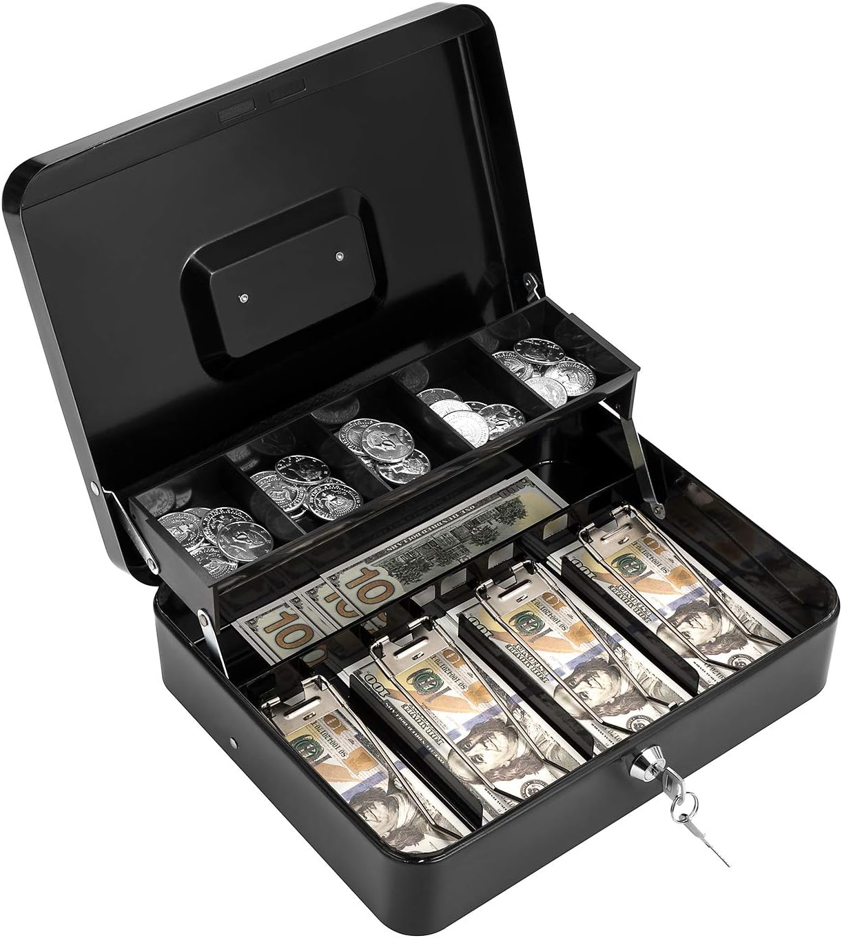 Cash Box with Lock Key and Money Tray - Large Money Box for Cash Register, Metal Lock Box for Money Safe 11.8