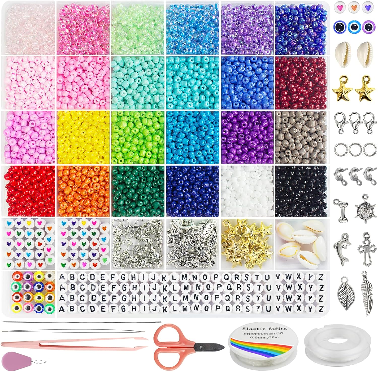 Redtwo 4Mm Glass Seed Beads for Jewelry Bracelet Making Kit, Small Beads Friendship Bracelet Kit, Tiny Waist Beads with Letter Beads and Elastic String, DIY Art Craft Girls Gifts.