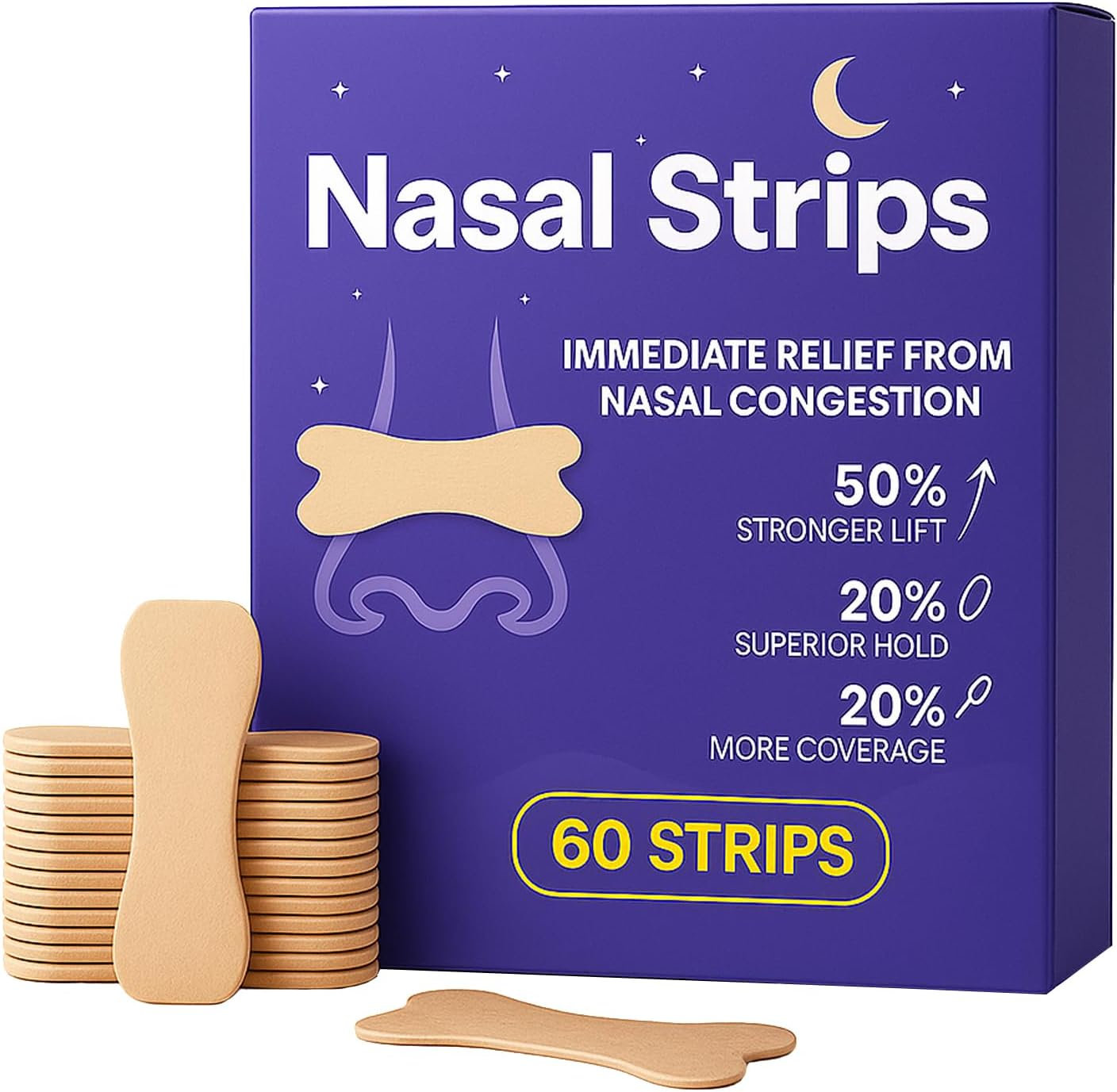 Extra Strength Nasal Strips for Snoring and Nasal Congestion Relief,Drug-Free Breath Better Nose Strips with Strong Adhesive,50% Stronger Lift,Clear Comfortable Design for Sensitive Skin,60 PCS