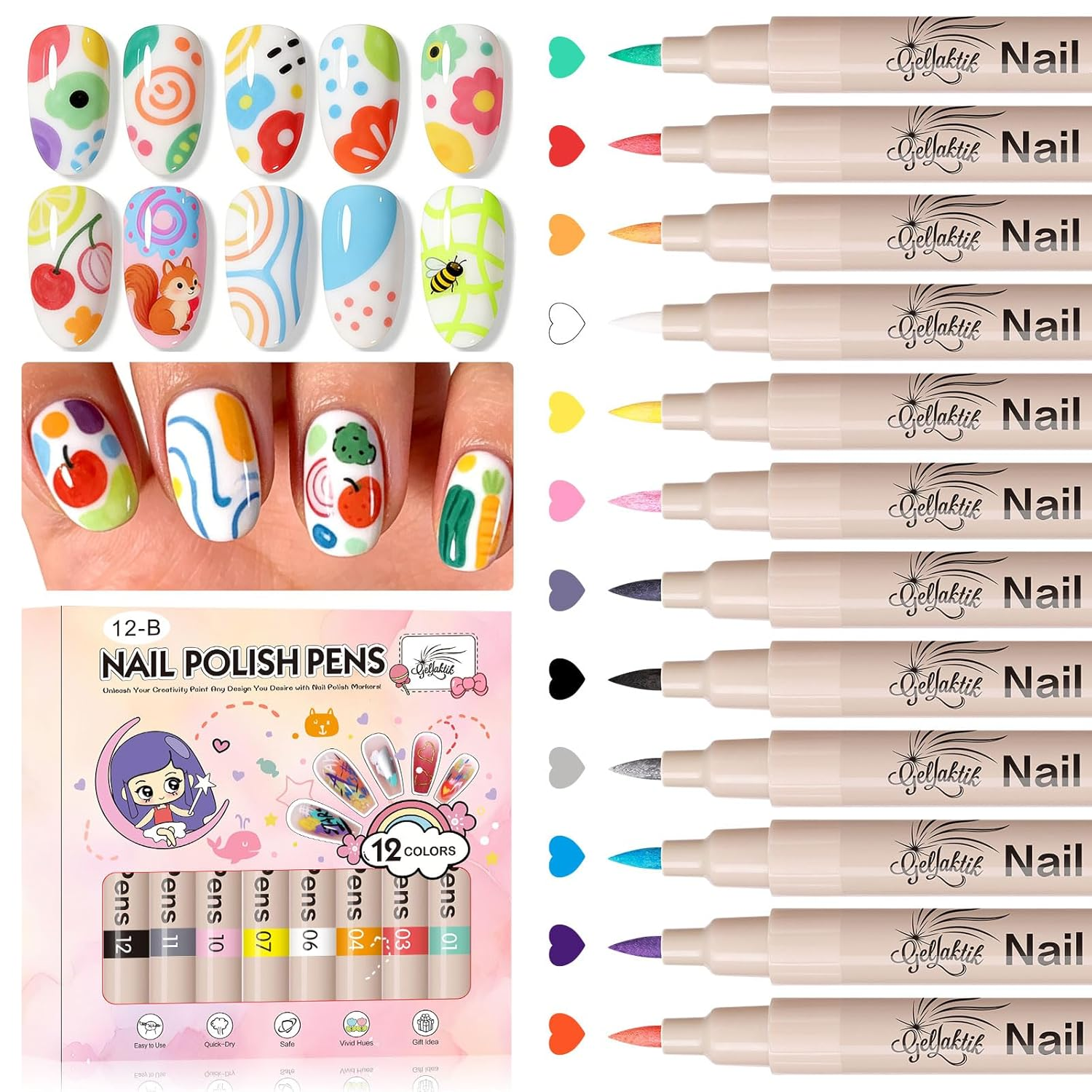 12 Colors Nail Art Pens Set, 3D Nail Polish Pens Quick-Drying Acrylic Paint Markers, Dotting Liner Brush for DIY Nail Design, Home & Salon Manicure Tools