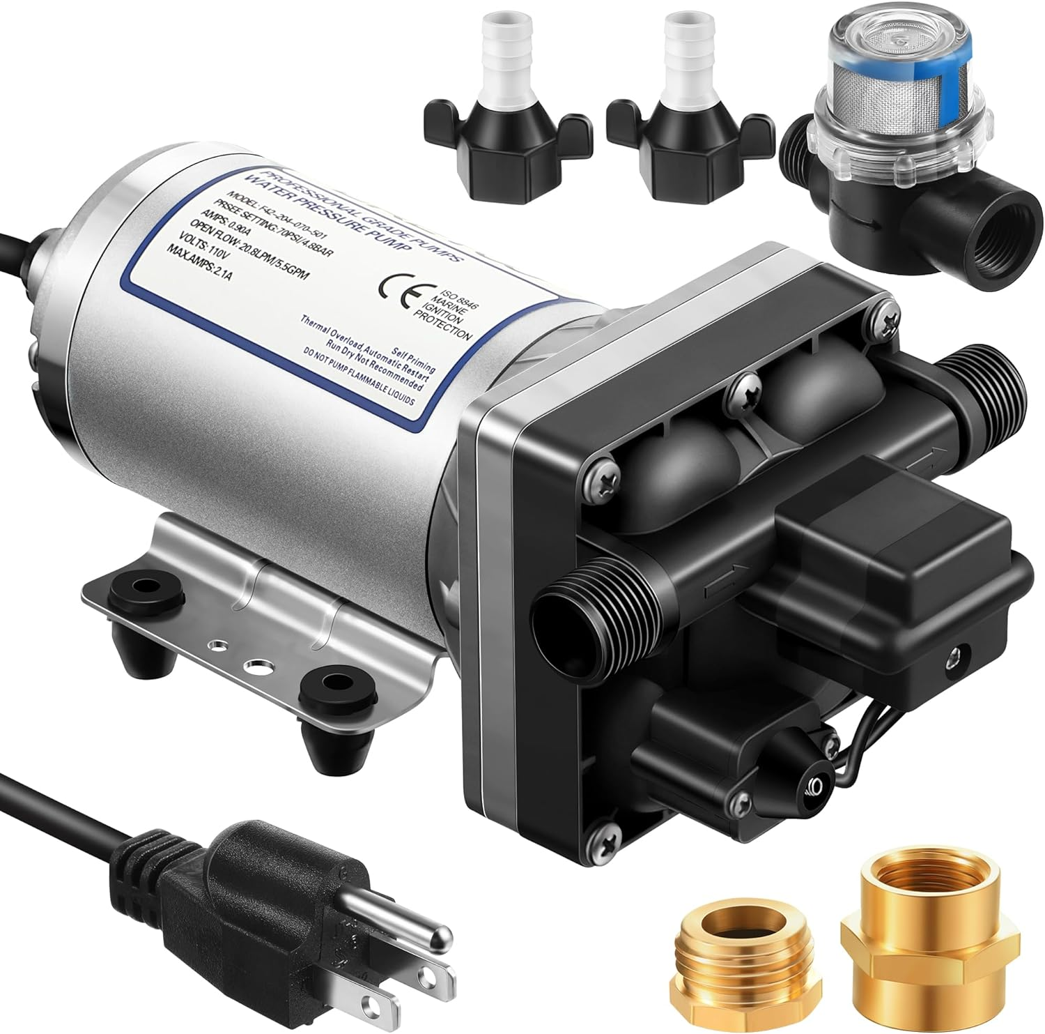 Water Pressure Booster Pump 110V 5.5 GPM 70 PSI, Self Priming Industrial Water Pump with Power Plug, Pipe Fittings Brass Connector Strainer Filter for Kitchen Bathroom Rv Marine Caravan Garden(Silver)