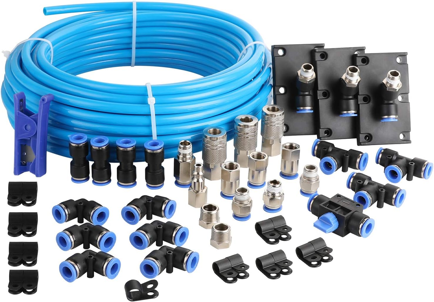 Shop Air Line Kit, 3/8 Inch (9.5MM) OD × 60 Feet Nylon Compressed Air Pipe, 200PSI, Cutter, Tees, Mounting Clips, Connectors, 49PCS Garage Air Compressor Accessories Master Kit