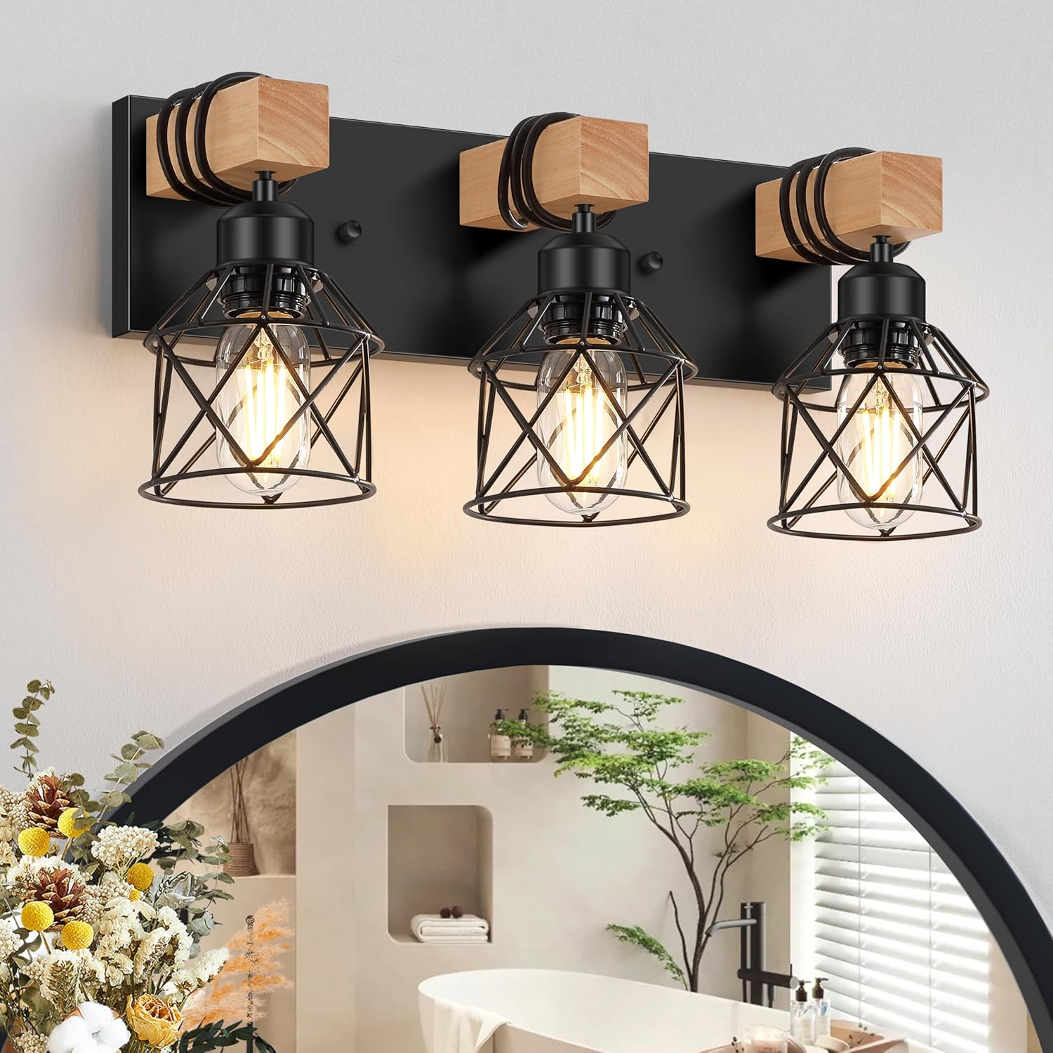 FadimiKoo 3-Light Farmhouse Vanity Light for Bathroom, Wood