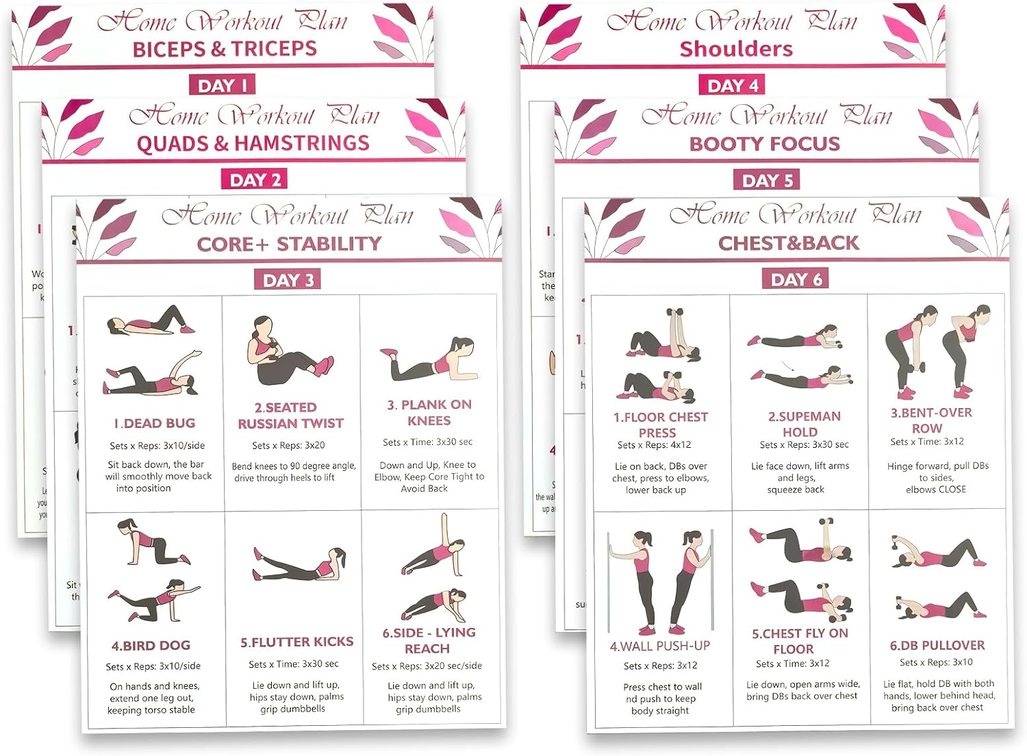 6-Pack Dumbbell Workout Posters for Beginners | Home Fitness Plan with Daily Exercise Routines for Weight Loss & Muscle Tone, Strength & Flexibility | Cycle through Daily Guided Workouts | 8X10 Inch Charts (Red)