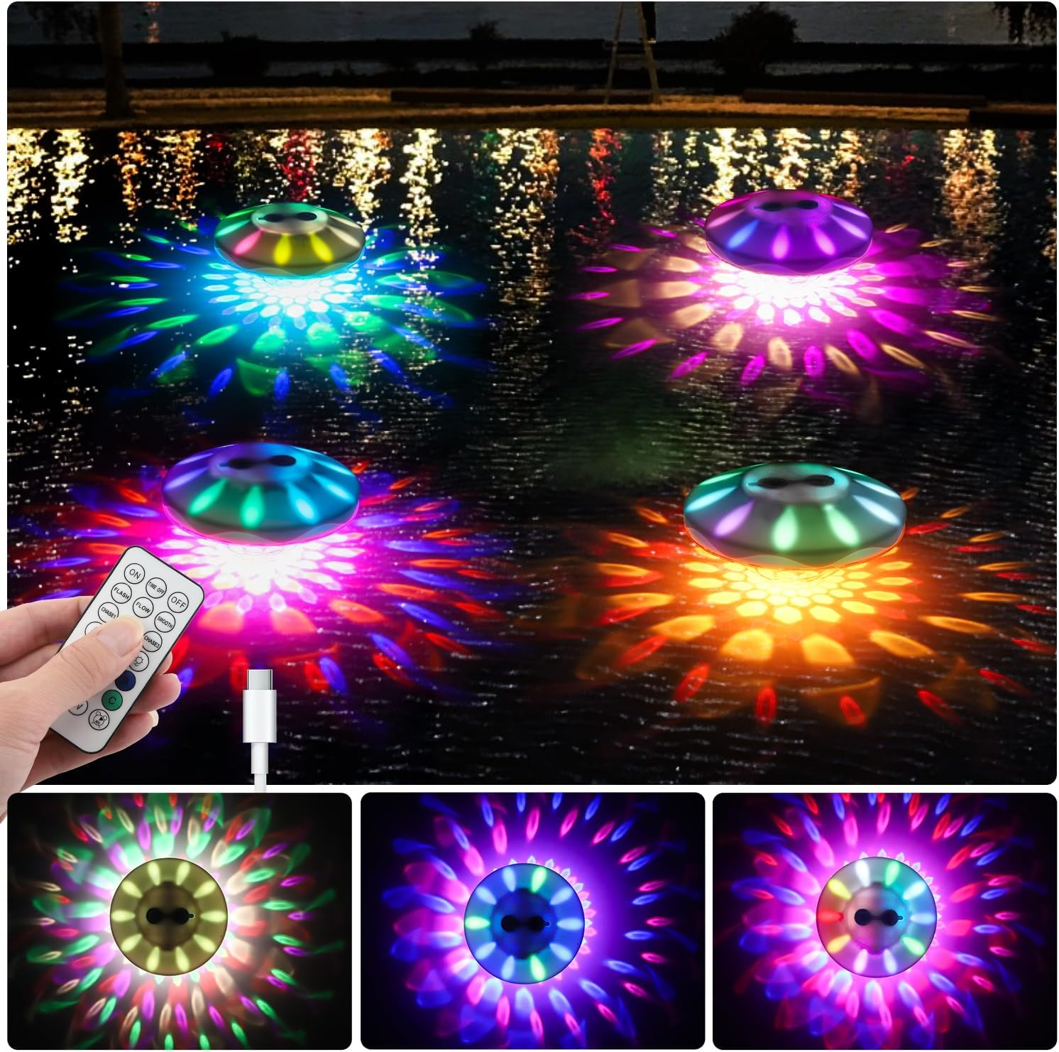 Floating Pool Lights, Pool Light with 6 Dynamic Lighting Effects, IP68 Waterproof Pool Lights That Float, Rechargeable RGB Upper and Lower Color Changing Lights for Hot Tub, Patio 4 Pack