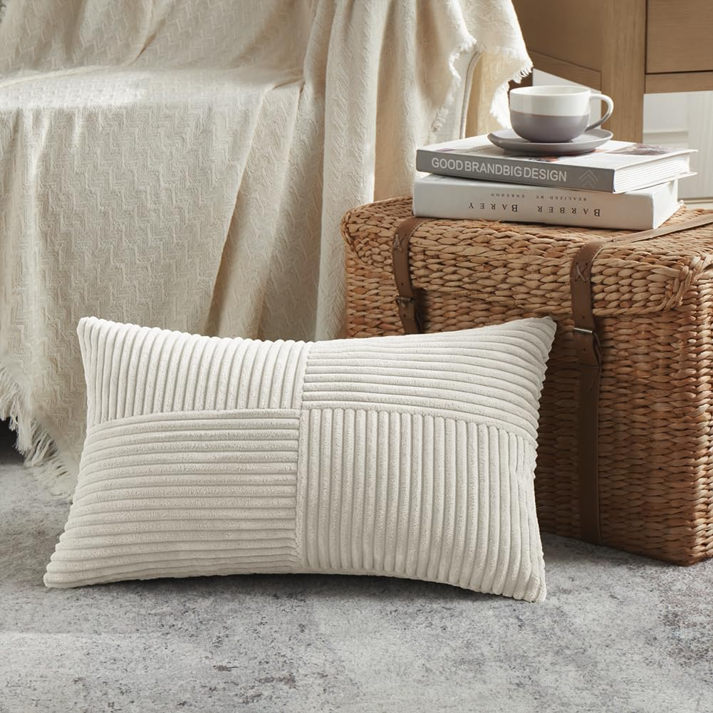 Cream Lumbar Decorative Throw Pillow Covers 12x20 Inch for Living Room Couch Bed Sofa, Rustic Farmhouse Boho Home Decor, Soft Striped Corduroy Rectangle Accent Cushion Case 30x50 cm