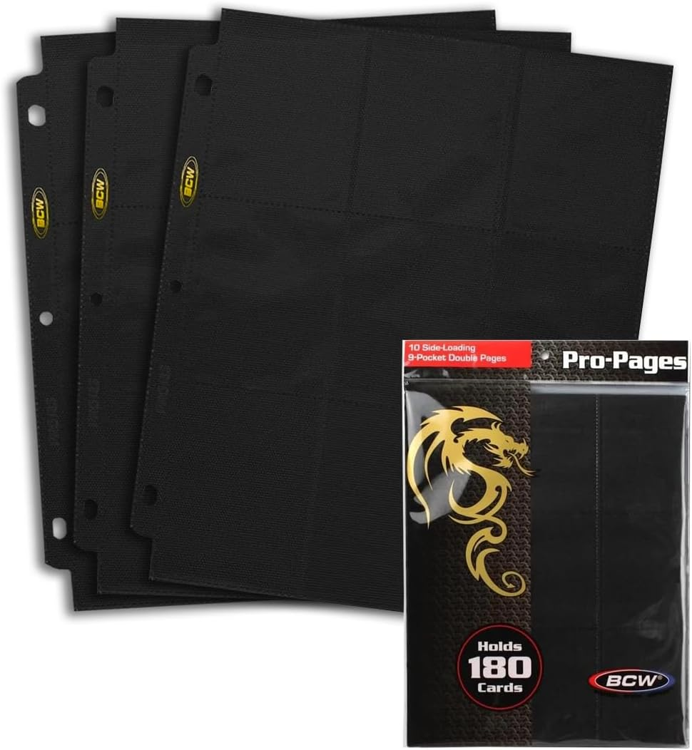 BCW Double-Sided 9-Pocket Pages Holder - 10 Black Pages | Trading Card Binder Sheets | Secure Side Loading | Ideal Card Storage and Display Solution