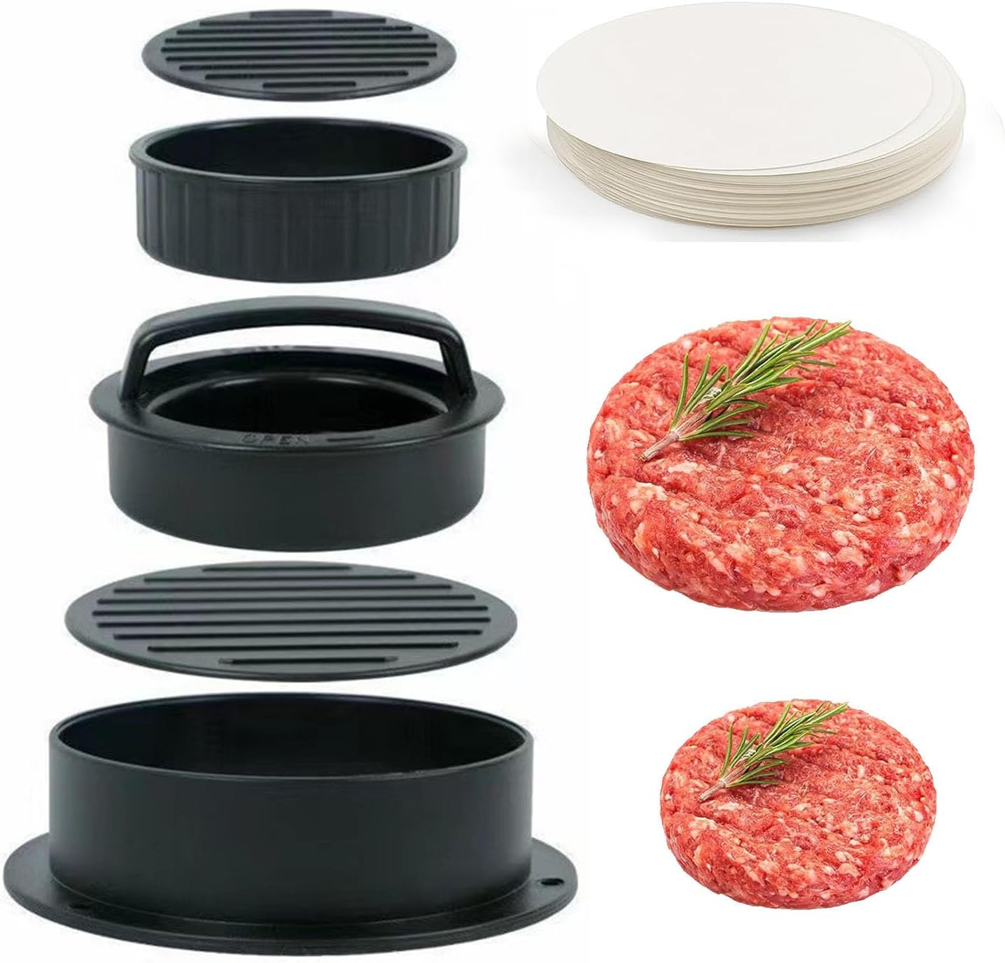 Burger Press Meat Maker, Pie Press Stuffed Mold, 100 Pcs Baking/Patty Paper Liners, Hamburger Patty Maker Mold, Burger Die, Meats Cheese Veggie Burger Maker ​For BBQ Barbecue Grill Camp