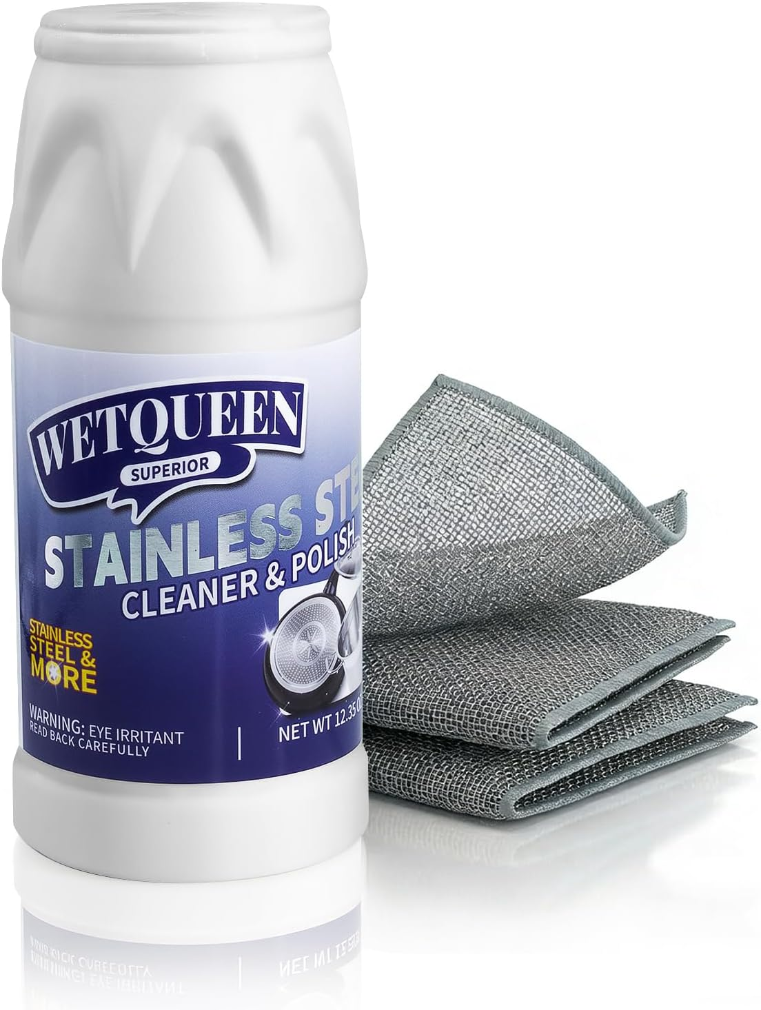 Stainless Steel Cleaner and Polish Kit - Heavy Duty Cookware Cleanser Powder with 3 Pads - Removes Burnt Stains, Rust, Water Spots & Grease from Pots, Pans, Sinks & Appliances (12.35 Oz)